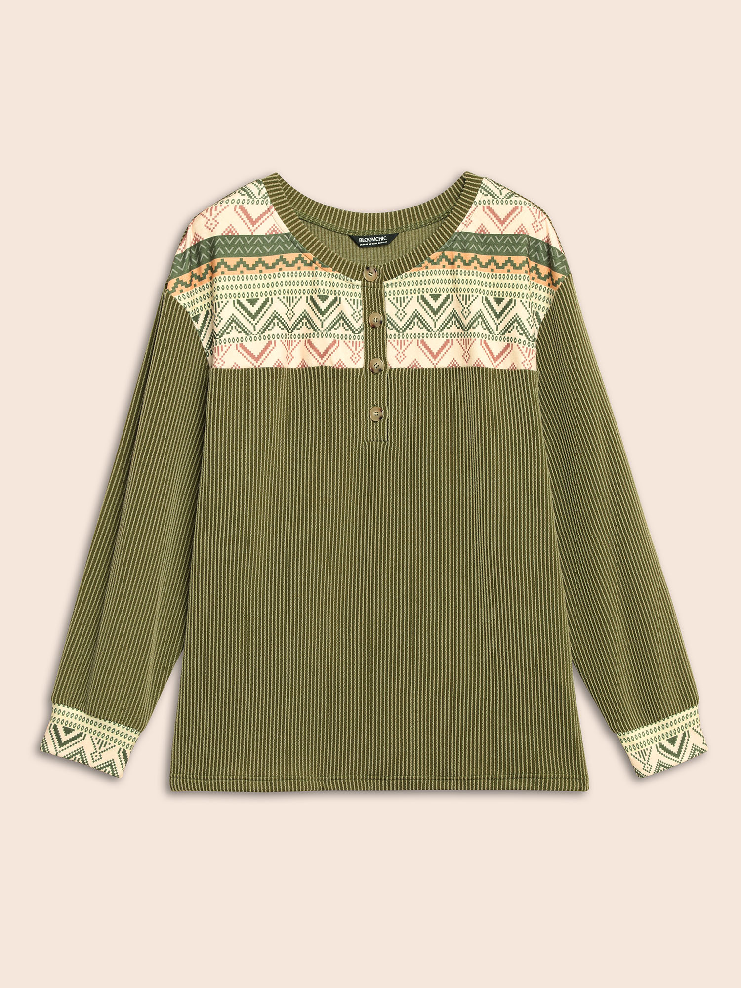 Plus Size Bandana Patchwork Button Up T-shirt ArmyGreen Women Casual Texture Round Neck Everyday T-shirts BloomChic 22-24/3X 