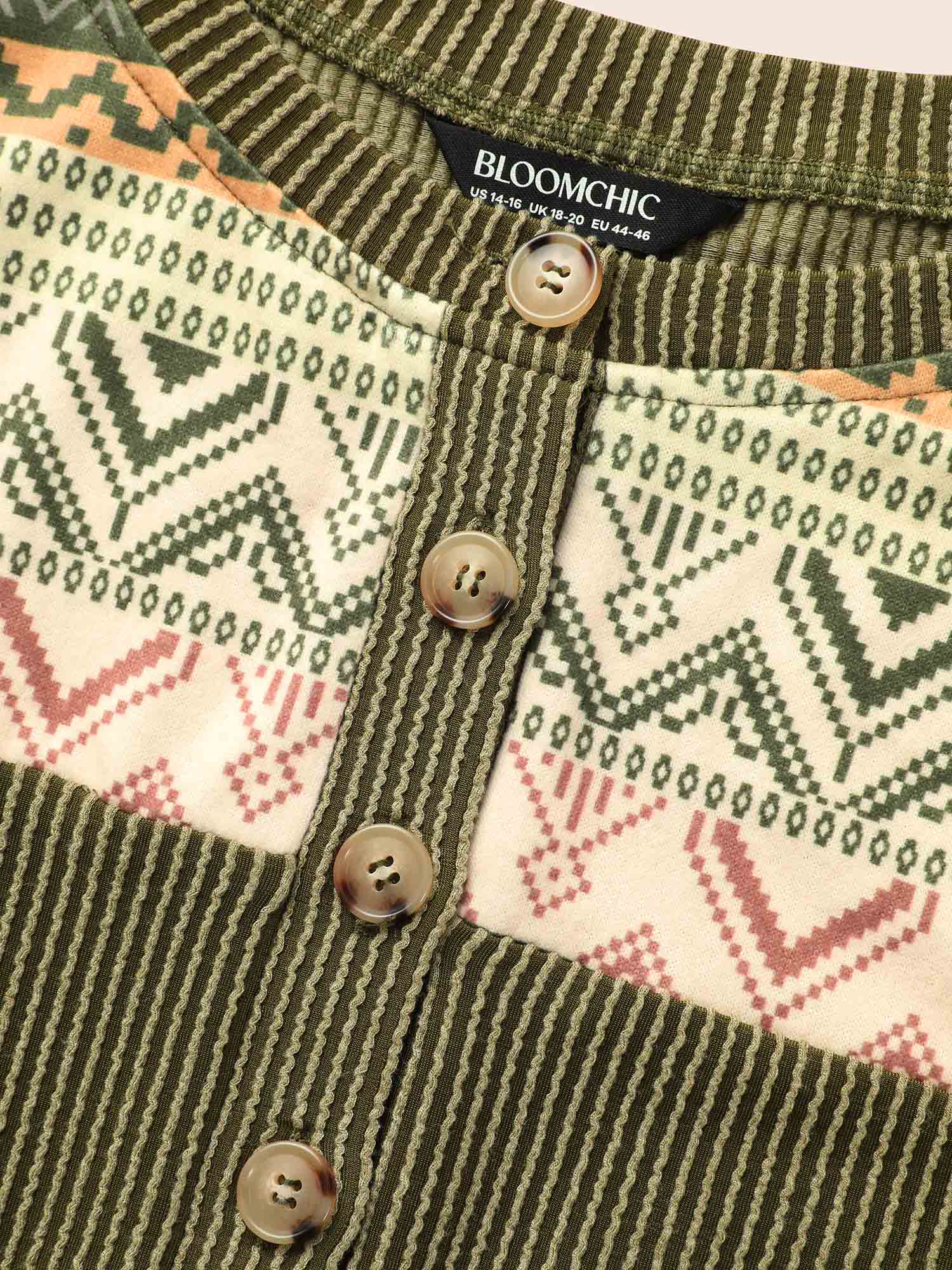 Plus Size Bandana Patchwork Button Up T-shirt ArmyGreen Women Casual Texture Round Neck Everyday T-shirts BloomChic 22-24/3X 