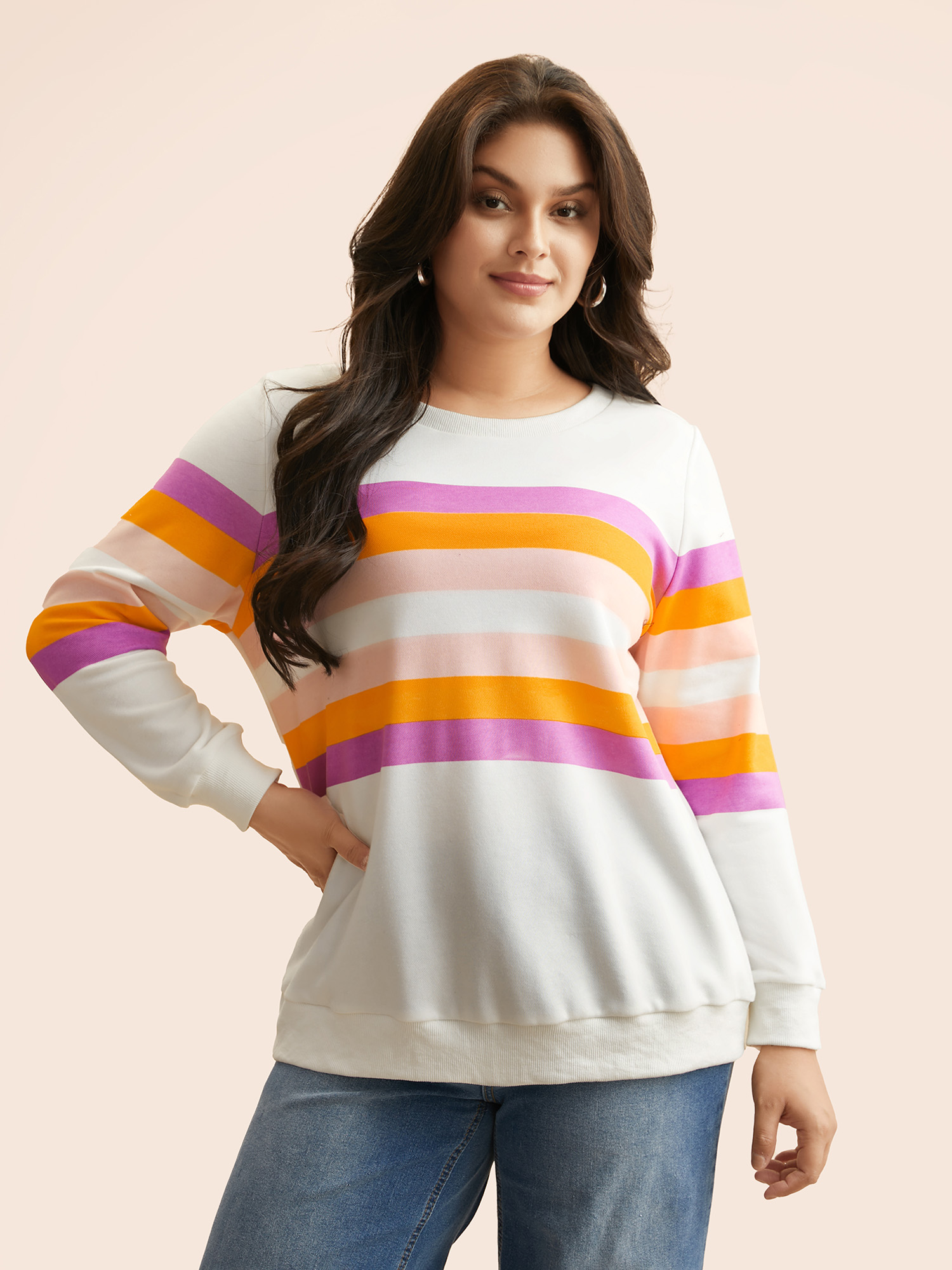 

Plus Size Contrast Striped Crew Neck Sweatshirt Women Originalwhite Casual Contrast Round Neck Everyday Sweatshirts BloomChic