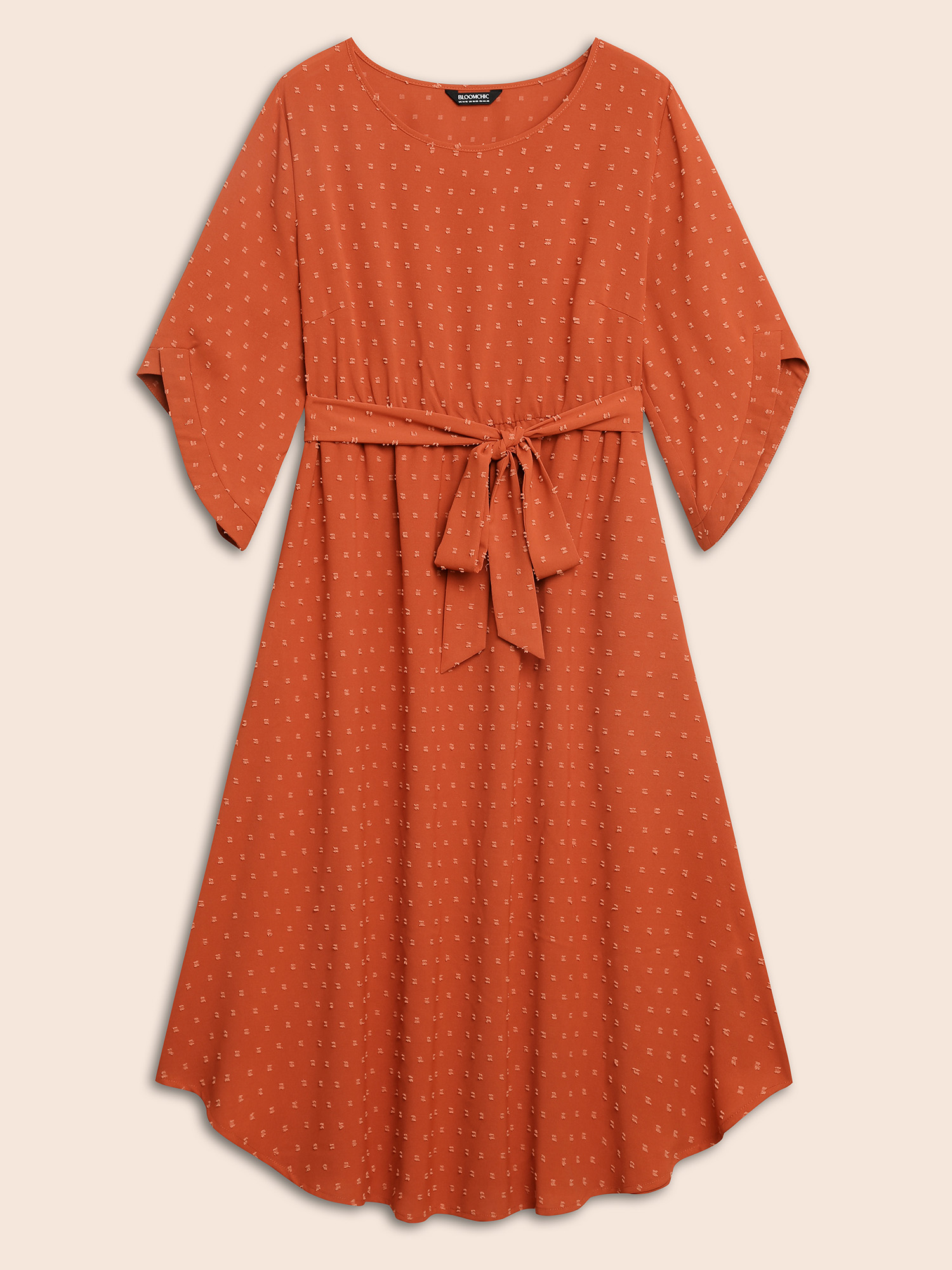 

Plus Size Textured Bell Sleeve Belted Arc Hem Dress OrangeRed Women Elegant Texture Round Neck Elbow-length sleeve Curvy BloomChic