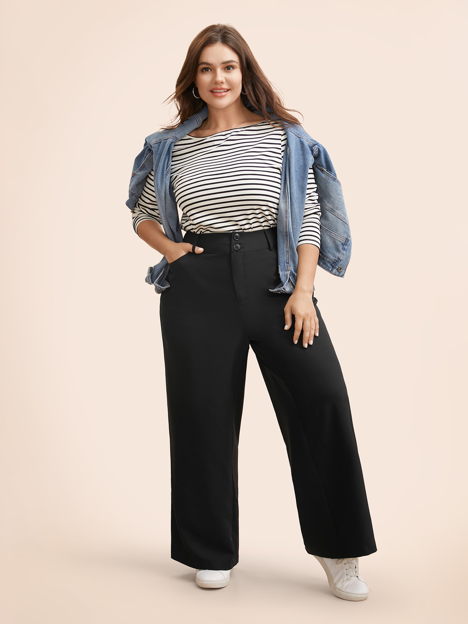 

Plus Size Mid Rise Double Button Wide Leg Pants Women Black Casual Wide Leg Mid Rise Everyday Pants BloomChic