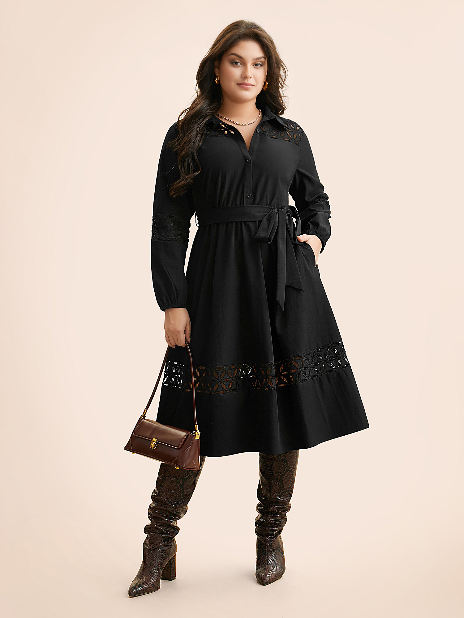 

Plus Size Solid Button Up Woven Ribbon Dress Black Women At the Office Woven ribbon&lace trim Shirt collar Long Sleeve Curvy BloomChic