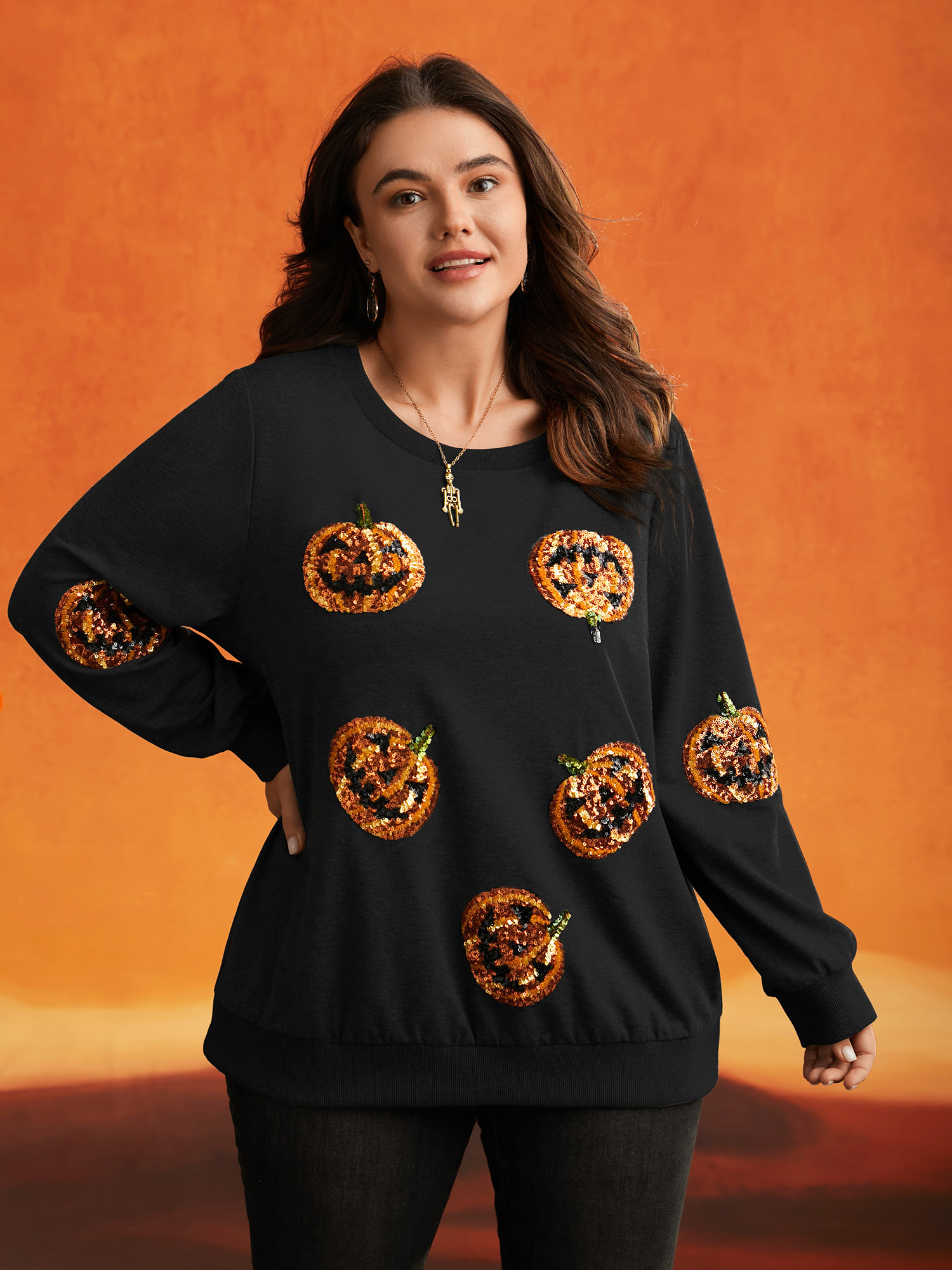 

Plus Size Jack-O-Lantern Sequin Sweatshirt Women Black Casual Contrast Loose Round Neck Everyday Sweatshirts BloomChic