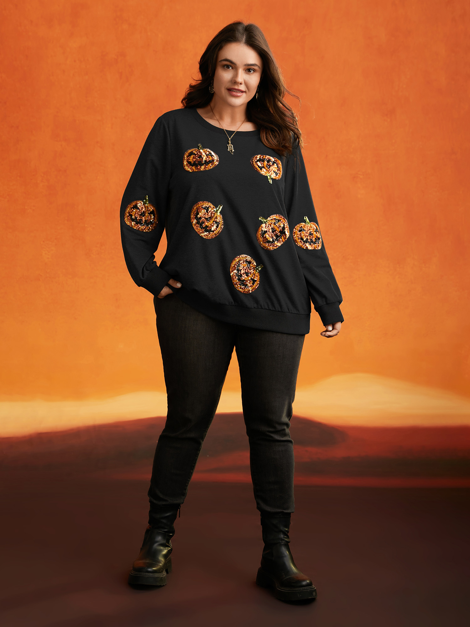 

Plus Size Jack-O-Lantern Sequin Sweatshirt Women Black Casual Contrast Loose Round Neck Everyday Sweatshirts BloomChic