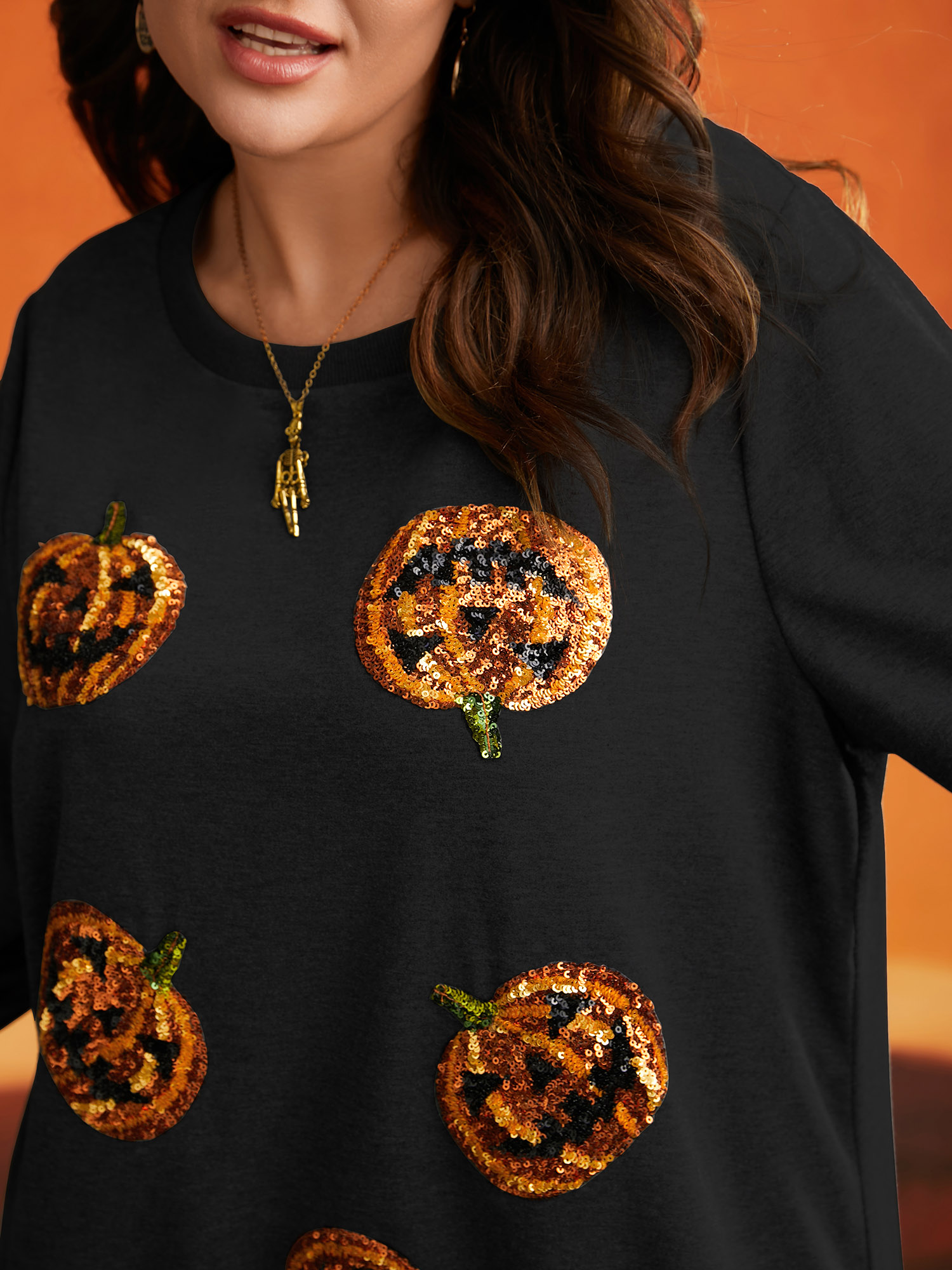 Plus Size Jack-O-Lantern Sequin Sweatshirt Women Black Casual Contrast Loose Round Neck Everyday Sweatshirts BloomChic 26/4X 