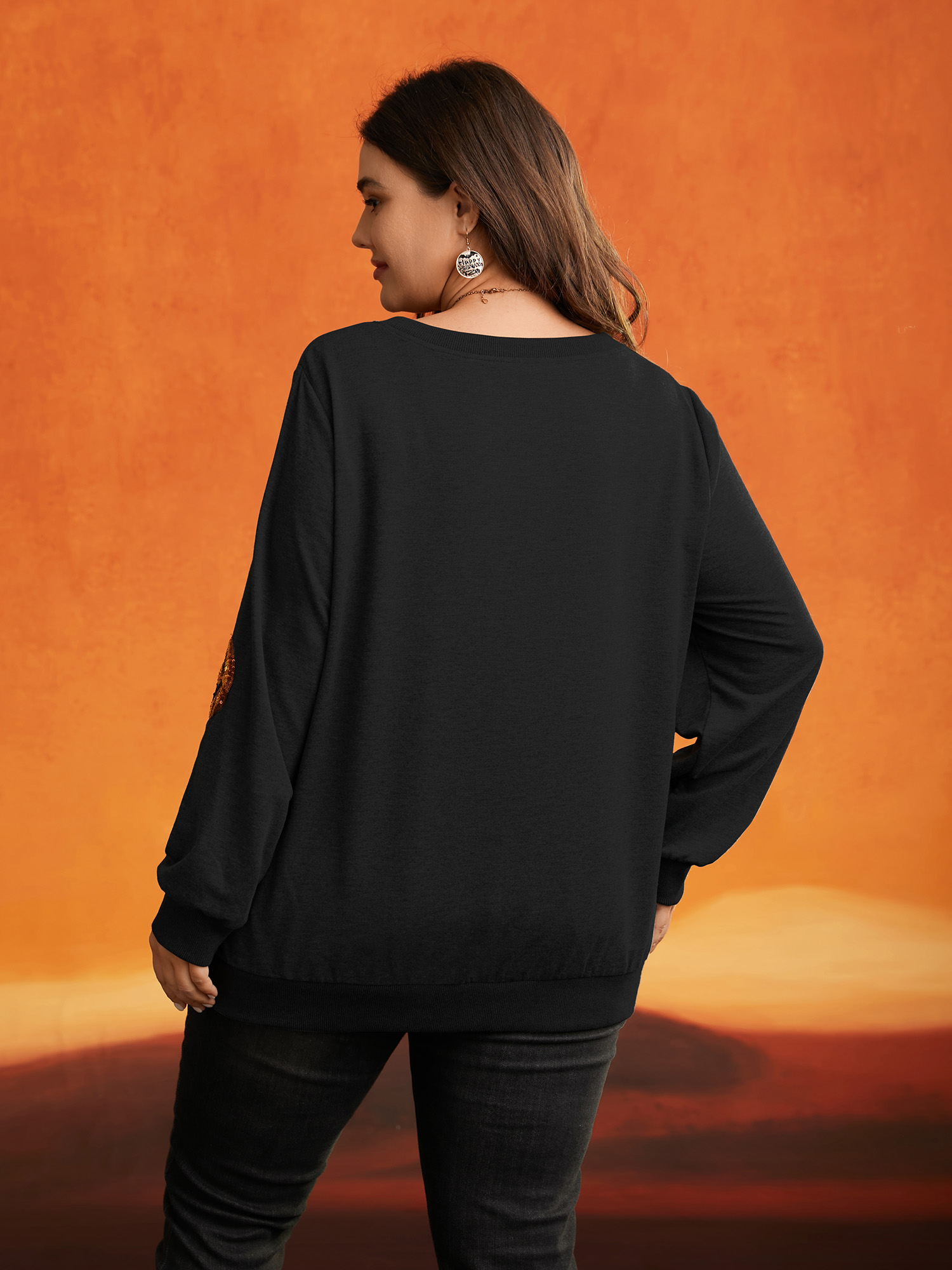 Plus Size Jack-O-Lantern Sequin Sweatshirt Women Black Casual Contrast Loose Round Neck Everyday Sweatshirts BloomChic 26/4X 