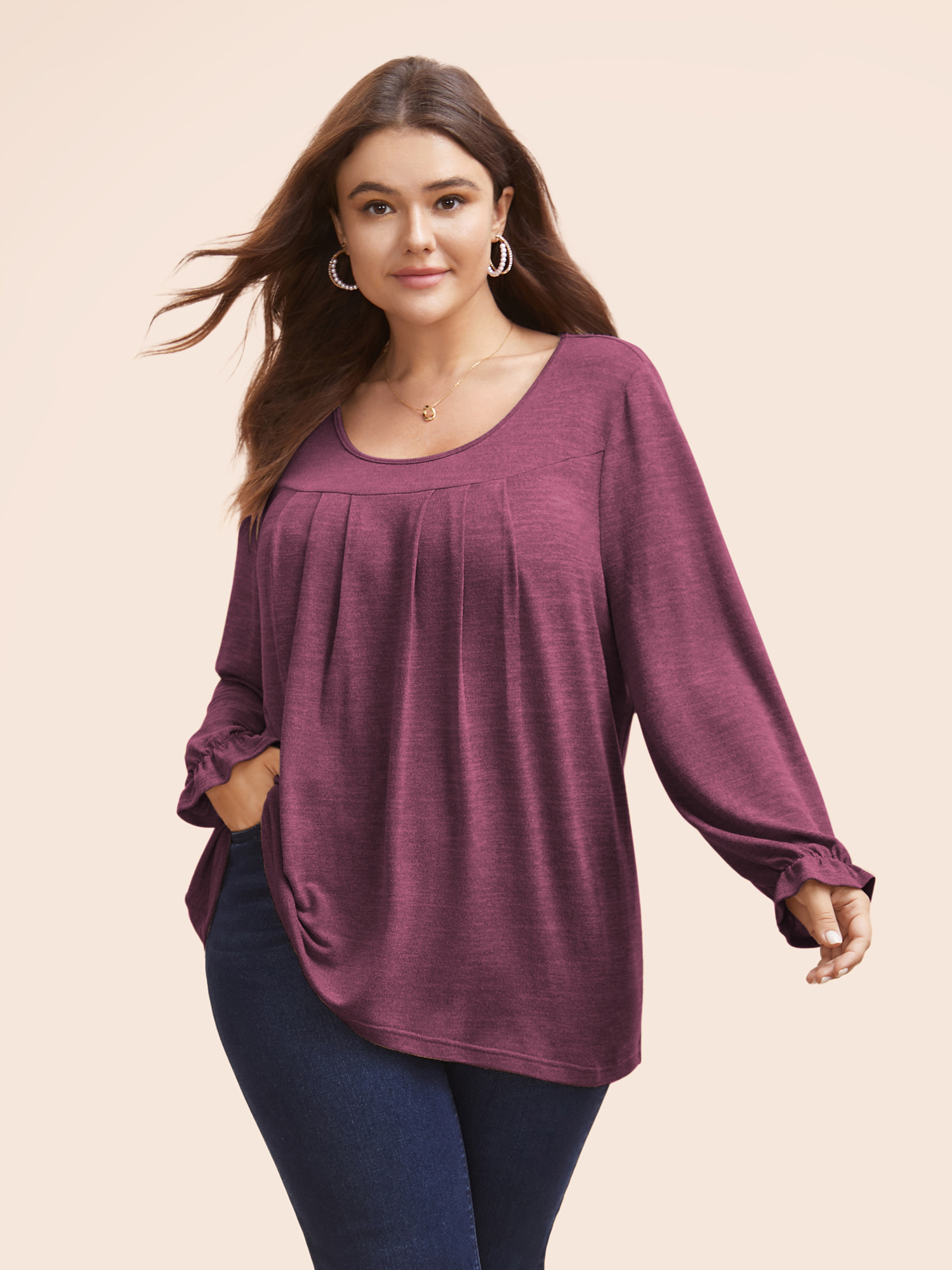 

Plus Size Round Neck Heather Pleated T-shirt RedViolet Women Elegant Pleated Round Neck Loose Everyday T-shirts BloomChic