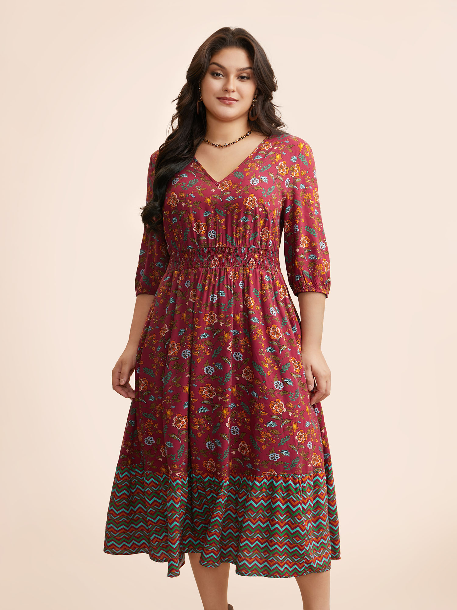 

Plus Size V Neck Bandana Print Shirred Dress Burgundy Women Resort Shirred V-neck Elbow-length sleeve Curvy BloomChic