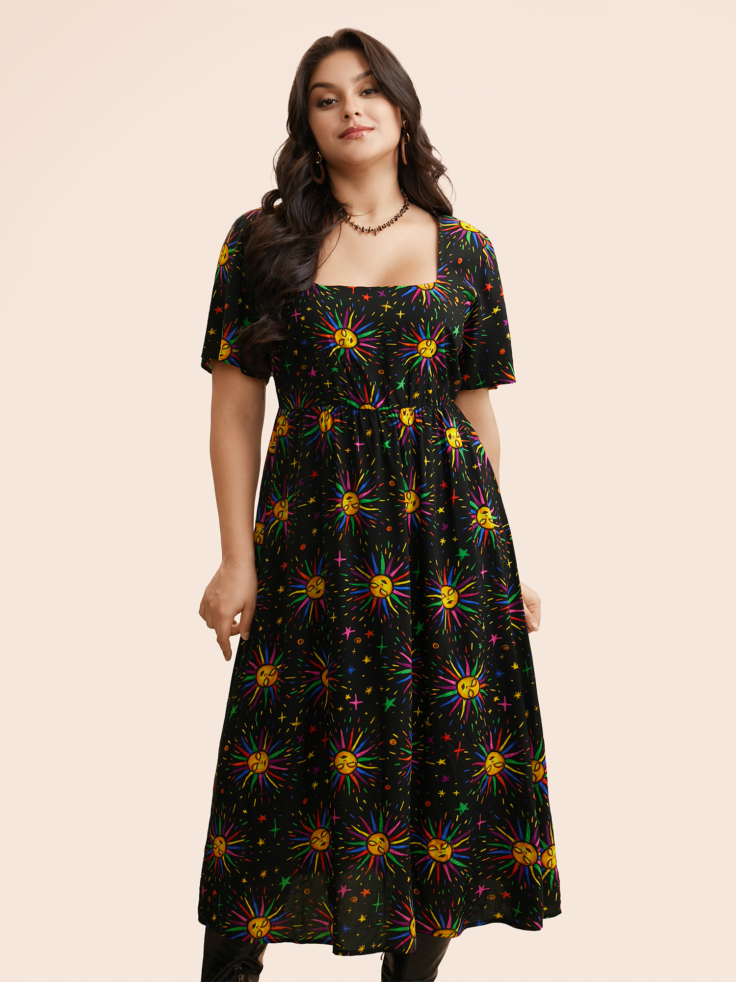 

Plus Size Sun Print Ruffle Sleeve Midi Dress Black Women Resort Non Square Neck Short sleeve Curvy BloomChic