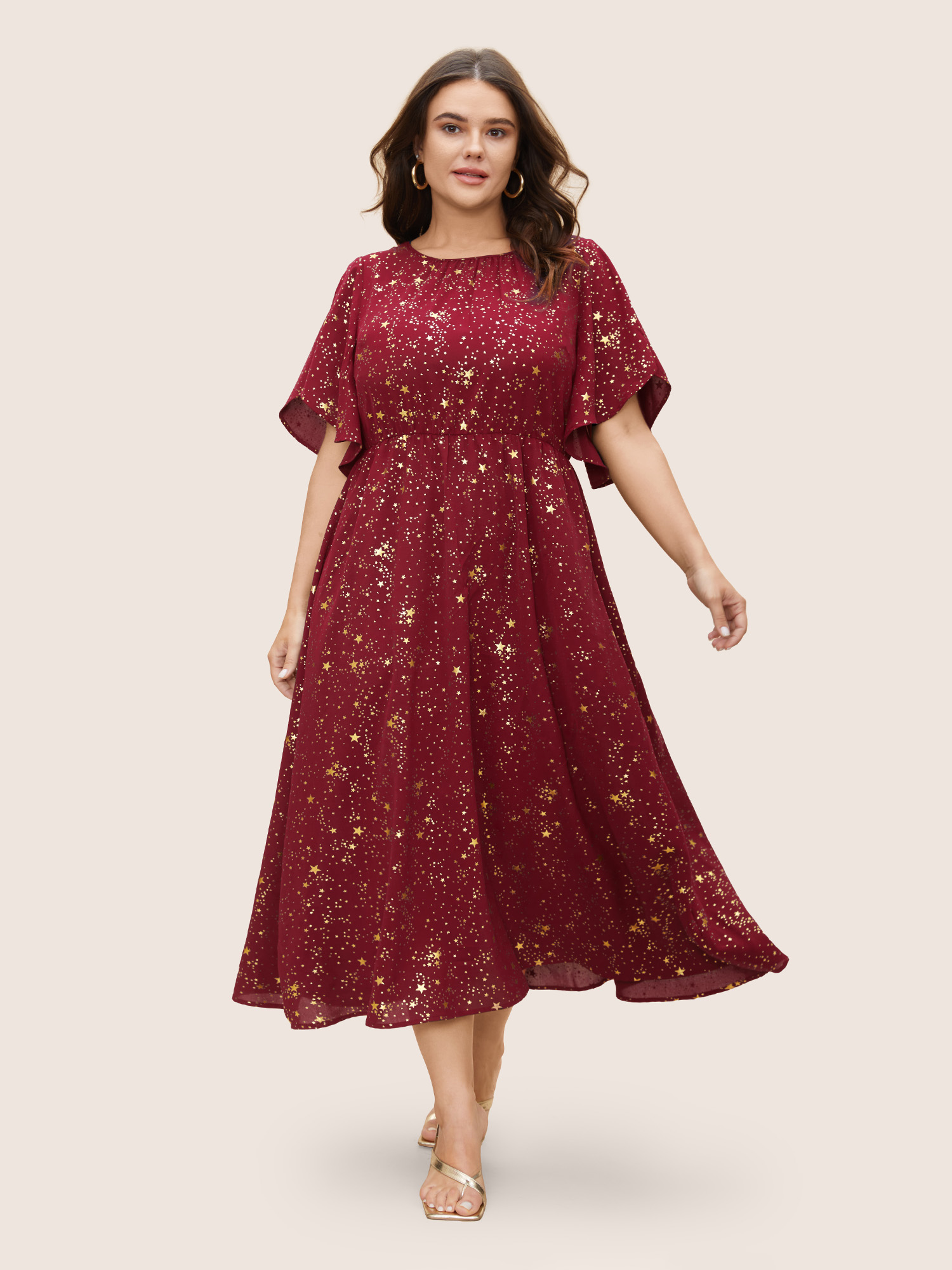 

Plus Size Glitter Star Split Sleeve Midi Dress Burgundy Women Elegant Gathered Round Neck Short sleeve Curvy BloomChic