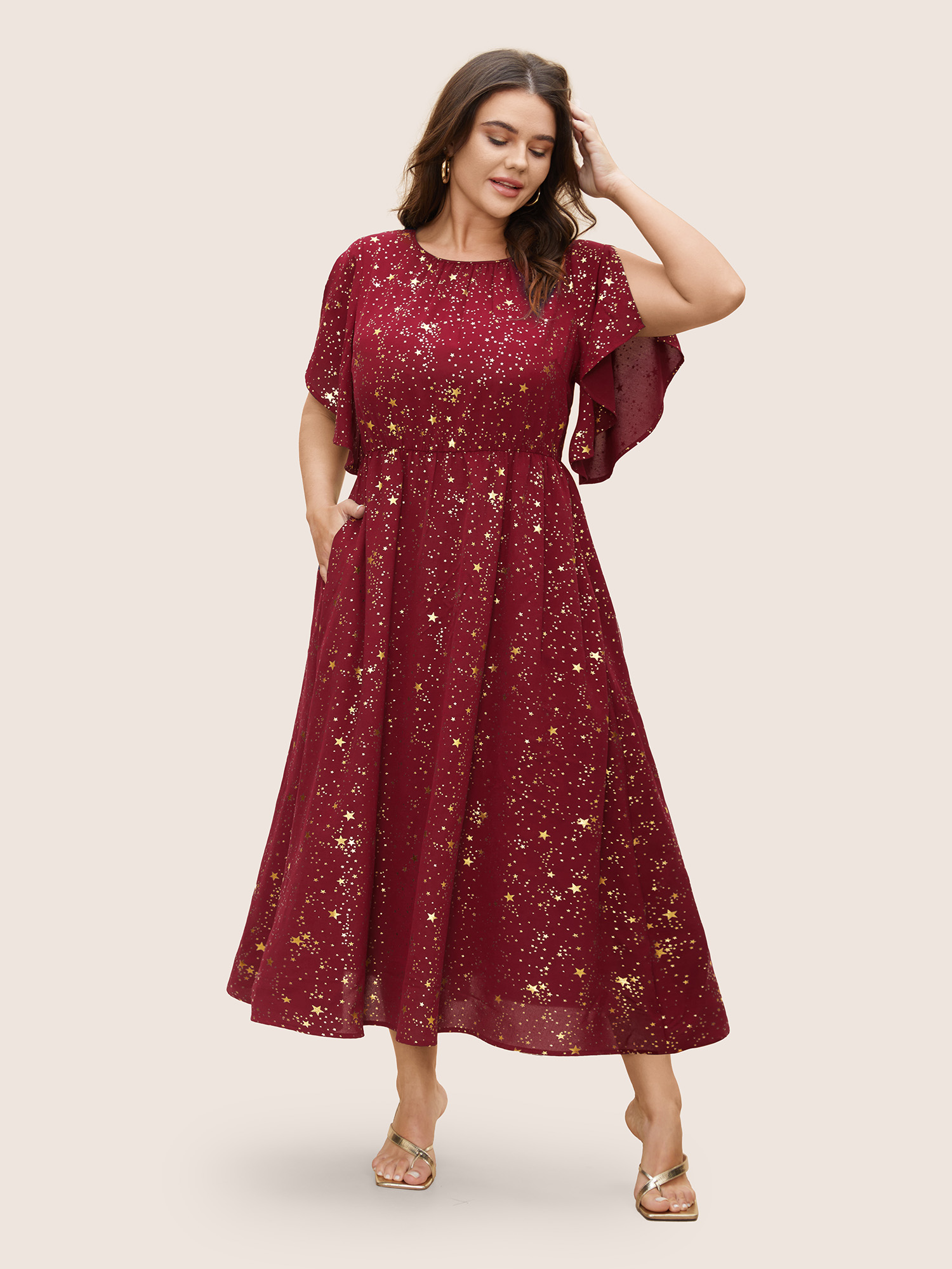Plus Size Glitter Star Split Sleeve Midi Dress Burgundy Women Elegant Gathered Round Neck Short sleeve Curvy BloomChic 12/L 