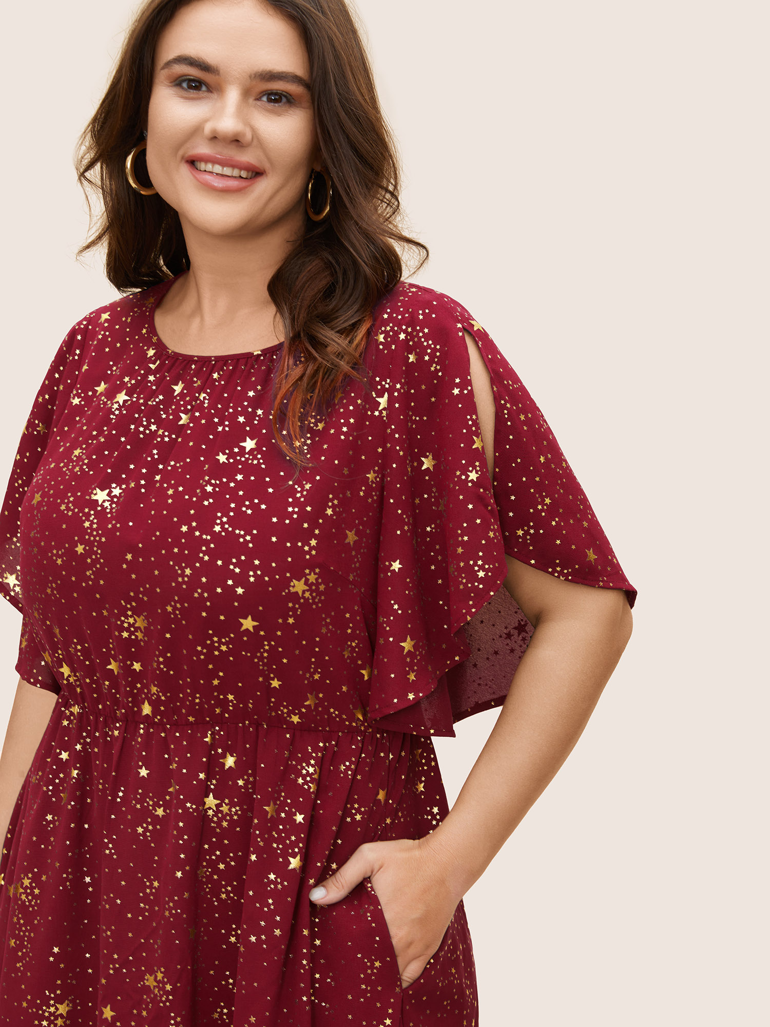 Plus Size Glitter Star Split Sleeve Midi Dress Burgundy Women Elegant Gathered Round Neck Short sleeve Curvy BloomChic 12/L 