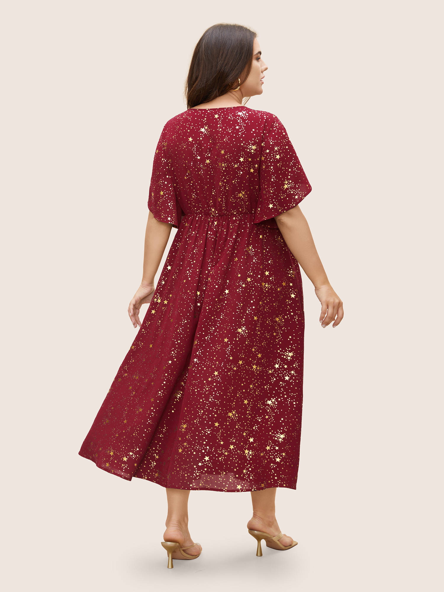 Plus Size Glitter Star Split Sleeve Midi Dress Burgundy Women Elegant Gathered Round Neck Short sleeve Curvy BloomChic 12/L 