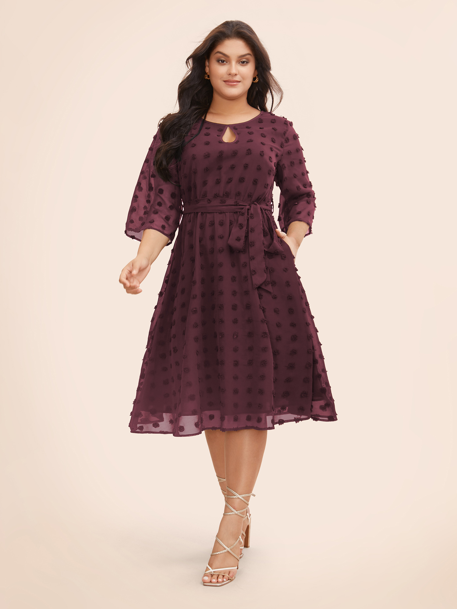 

Plus Size Chiffon Jacquard Patchwork Mesh Keyhole Dress Plum Women Elegant Gathered Boat Neck Elbow-length sleeve Curvy BloomChic