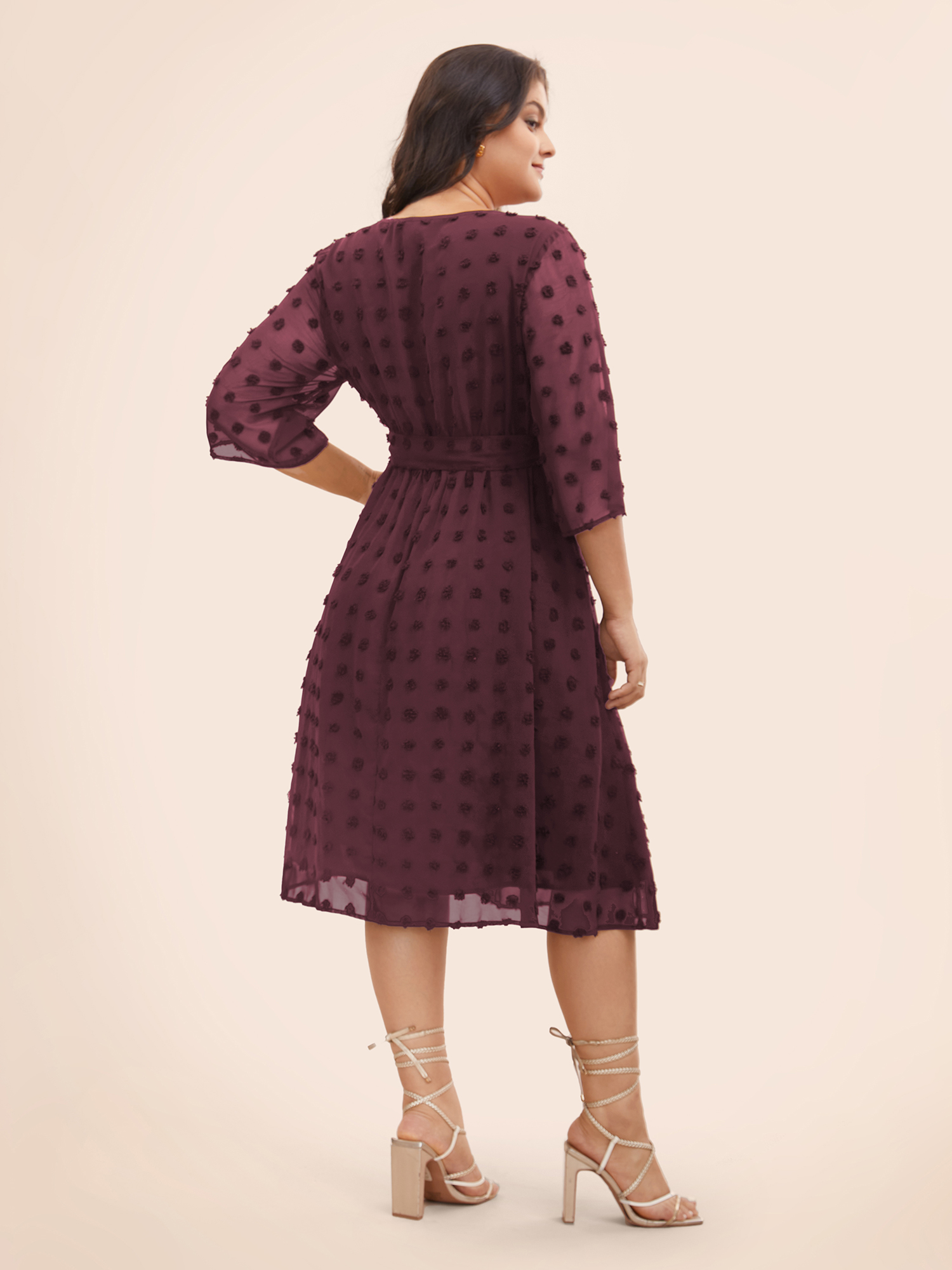 

Plus Size Chiffon Jacquard Patchwork Mesh Keyhole Dress Plum Women Elegant Gathered Boat Neck Elbow-length sleeve Curvy BloomChic