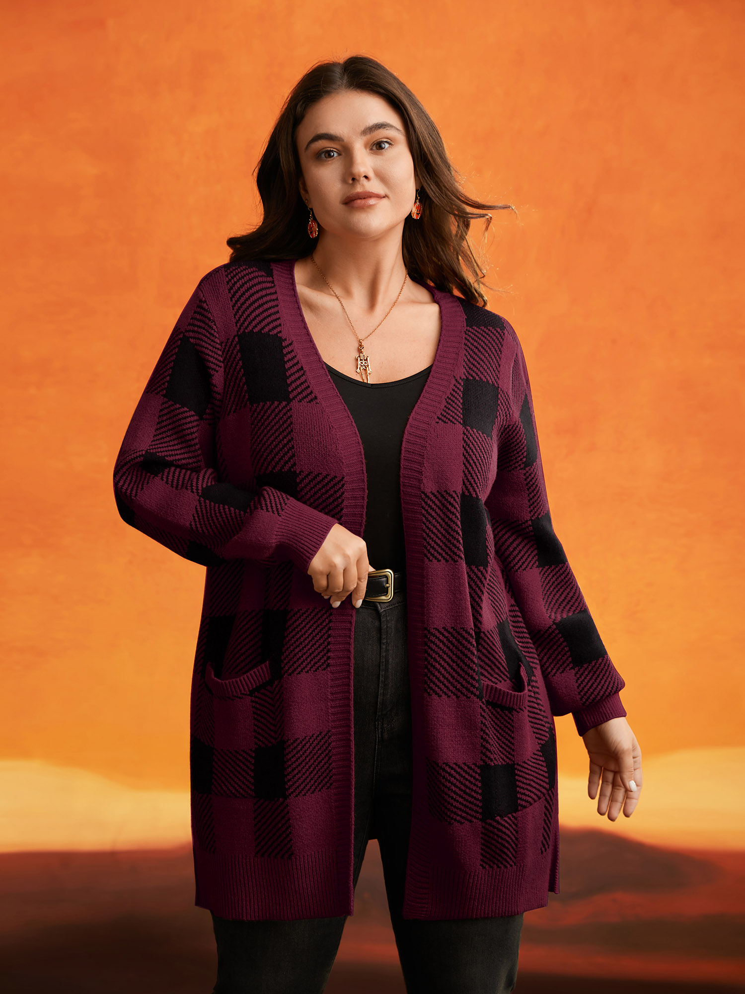 

Plus Size Supersoft Essentials Halloween Plaid Open Cardigan Burgundy Women Casual Loose Long Sleeve Everyday Cardigans BloomChic