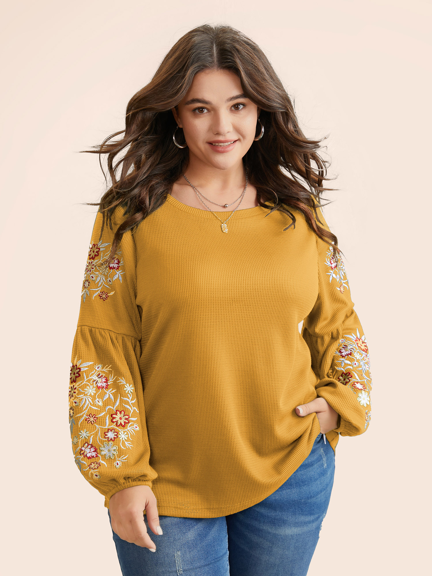 

Plus Size Waffle Knit Floral Embroidered Lantern Sleeve T-shirt Turmeric Women Elegant Texture Floral Round Neck Everyday T-shirts BloomChic