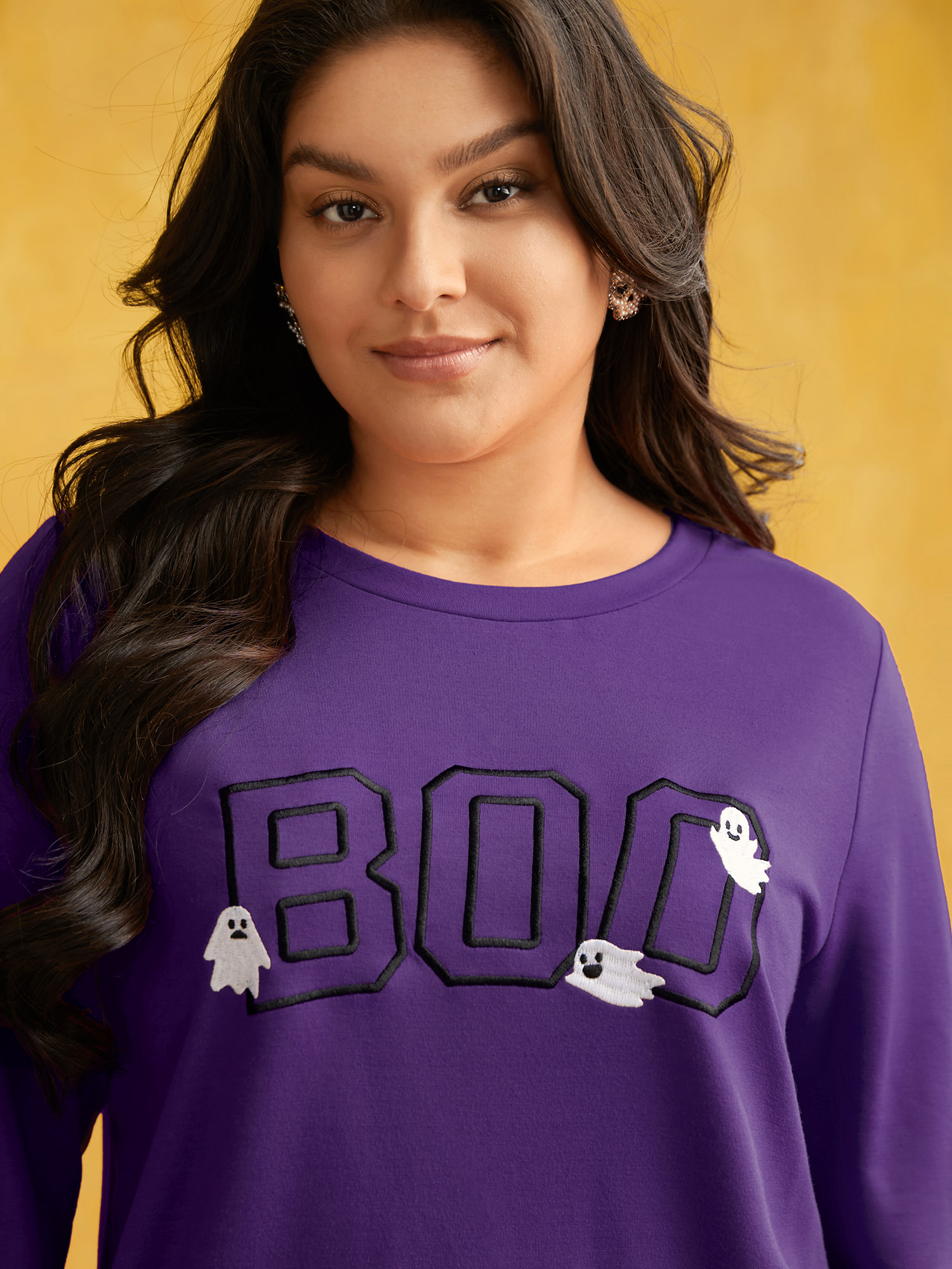 

Plus Size BOO Spell Printed Crew Neck Sweatshirt Women Eggplant Casual Embroidered Loose Round Neck Everyday Sweatshirts BloomChic