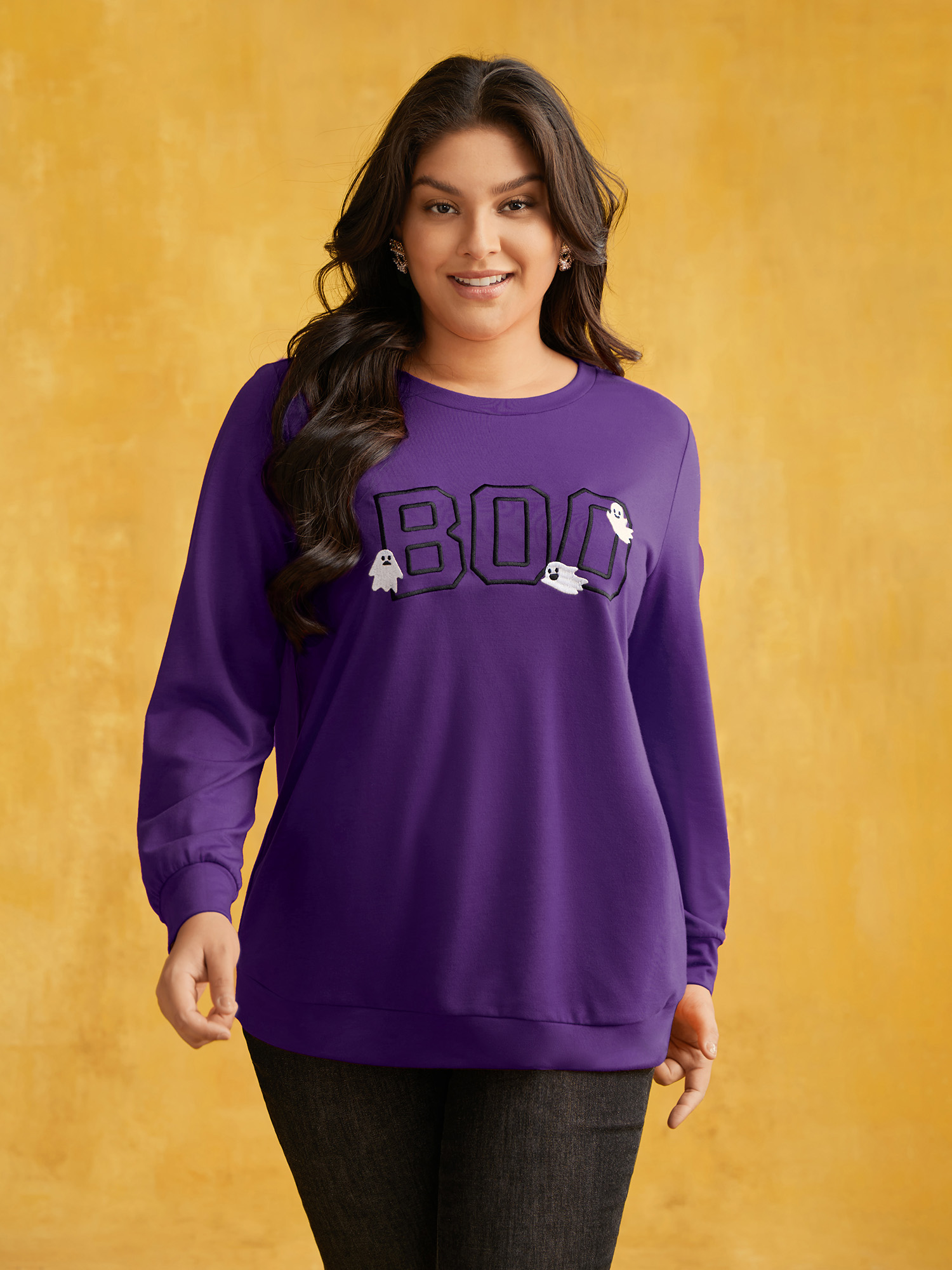 

Plus Size BOO Spell Printed Crew Neck Sweatshirt Women Eggplant Casual Embroidered Loose Round Neck Everyday Sweatshirts BloomChic