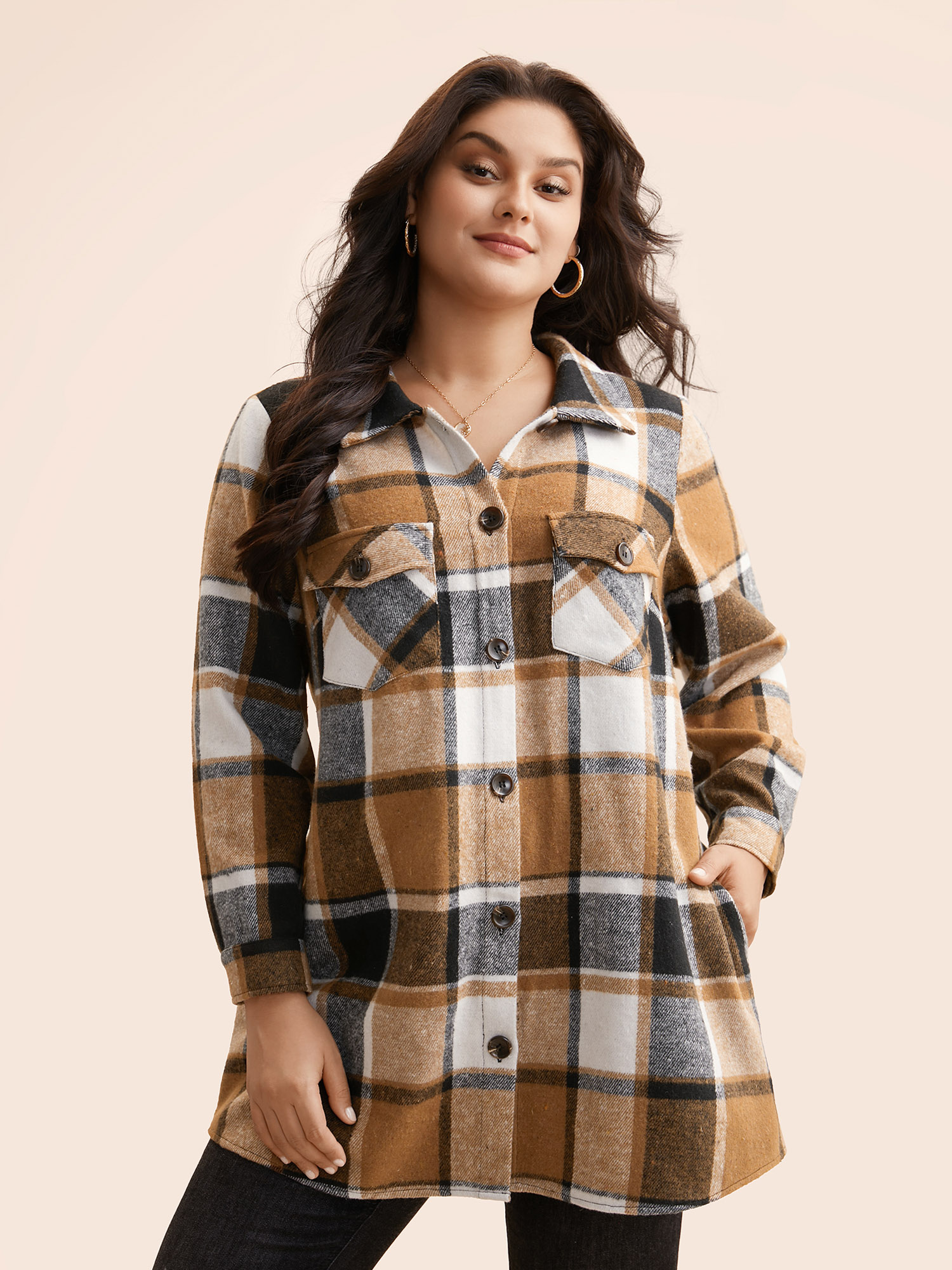 

Plus Size Plaid Chest Pockets Long Jacket Women Bronze Button Loose Side seam pocket Everyday Jackets BloomChic