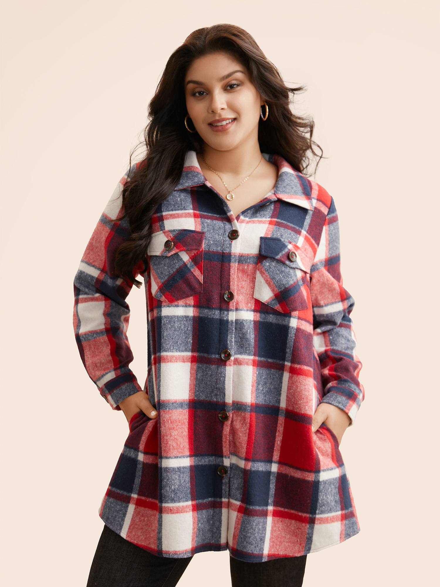 

Plus Size Halloween Plaid Chest Pockets Long Jacket Women Crimson Button Loose Side seam pocket Everyday Jackets BloomChic