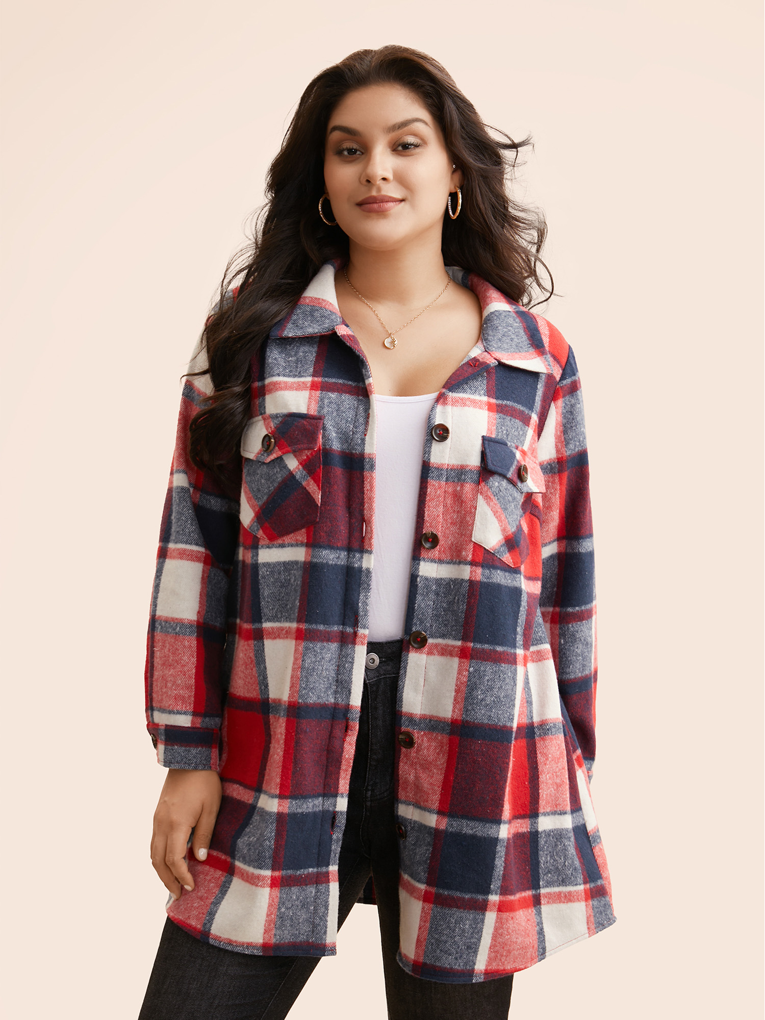 

Plus Size Halloween Plaid Chest Pockets Long Jacket Women Crimson Button Loose Side seam pocket Everyday Jackets BloomChic