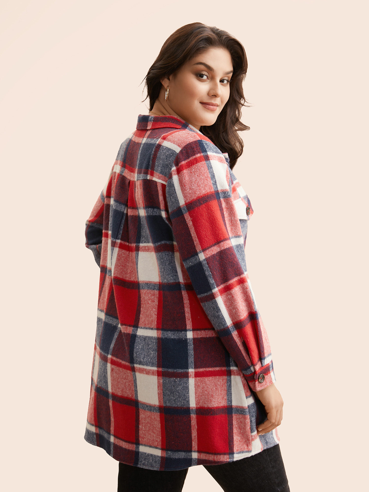 Plus Size Halloween Plaid Chest Pockets Long Jacket Women Crimson Button Loose Side seam pocket Everyday Jackets BloomChic 14-16/1X 