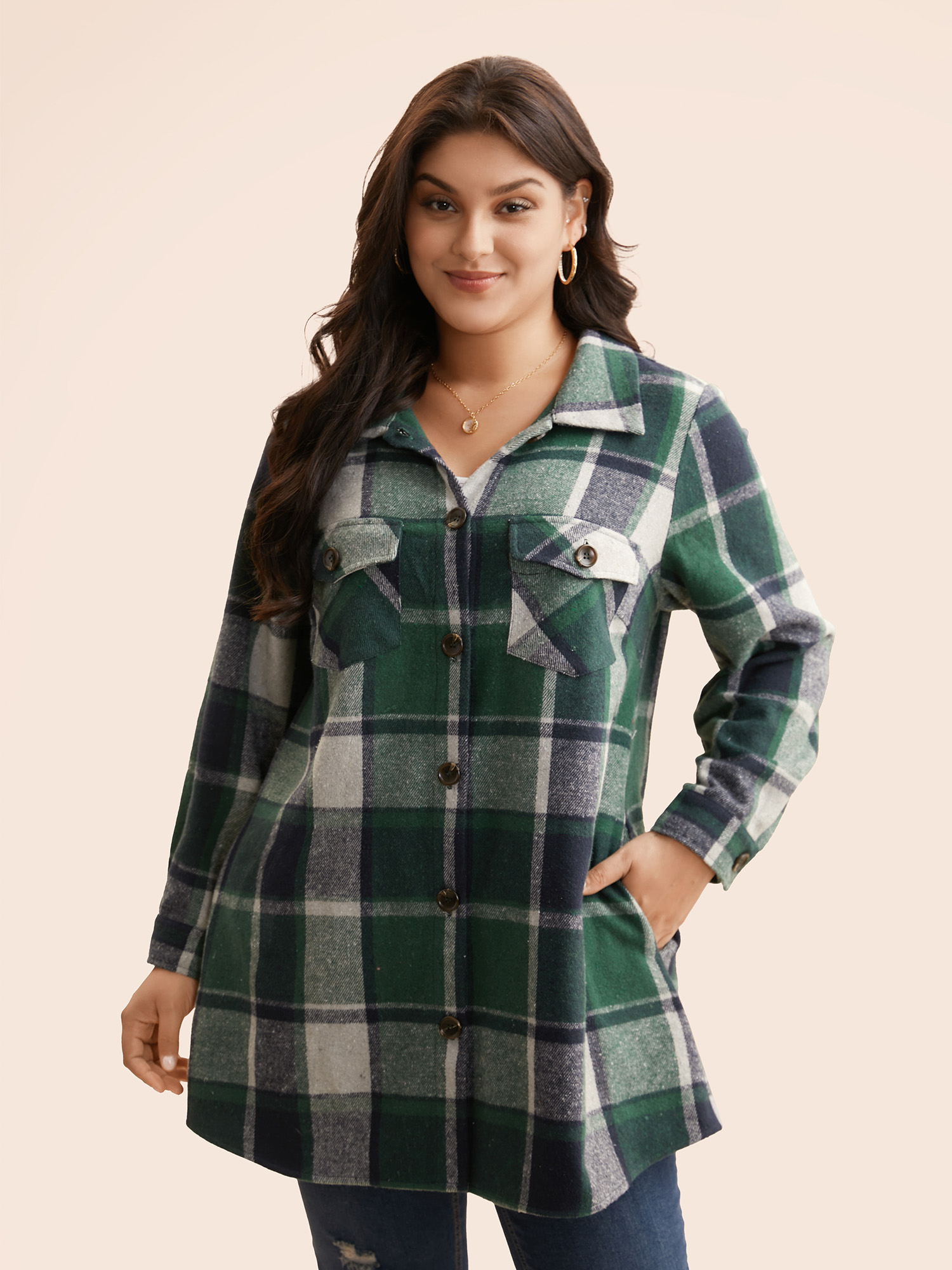 

Plus Size Halloween Plaid Chest Pockets Long Jacket Women DarkGreen Button Loose Side seam pocket Everyday Jackets BloomChic