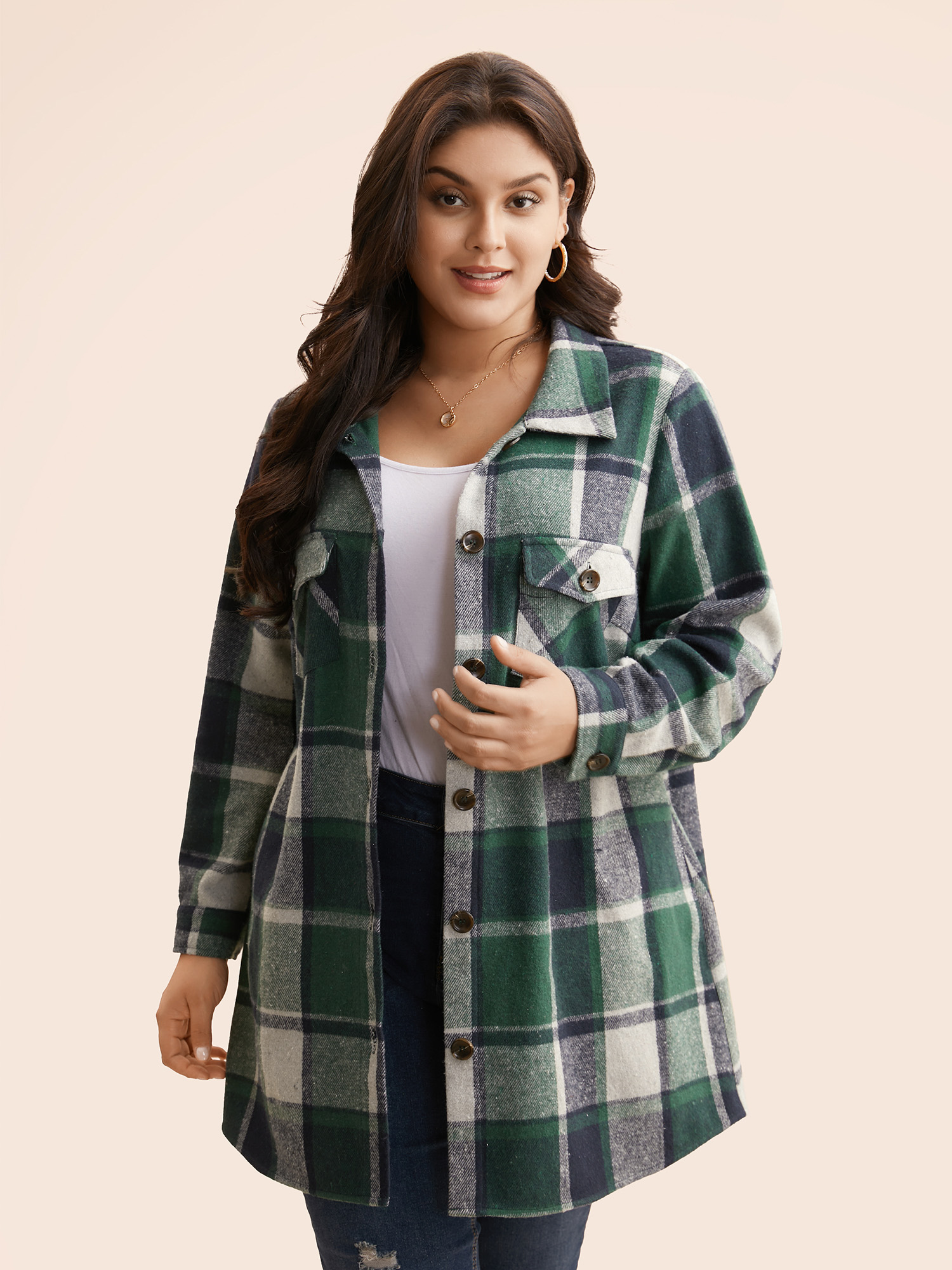 

Plus Size Plaid Chest Pockets Long Jacket Women DarkGreen Button Loose Side seam pocket Everyday Jackets BloomChic