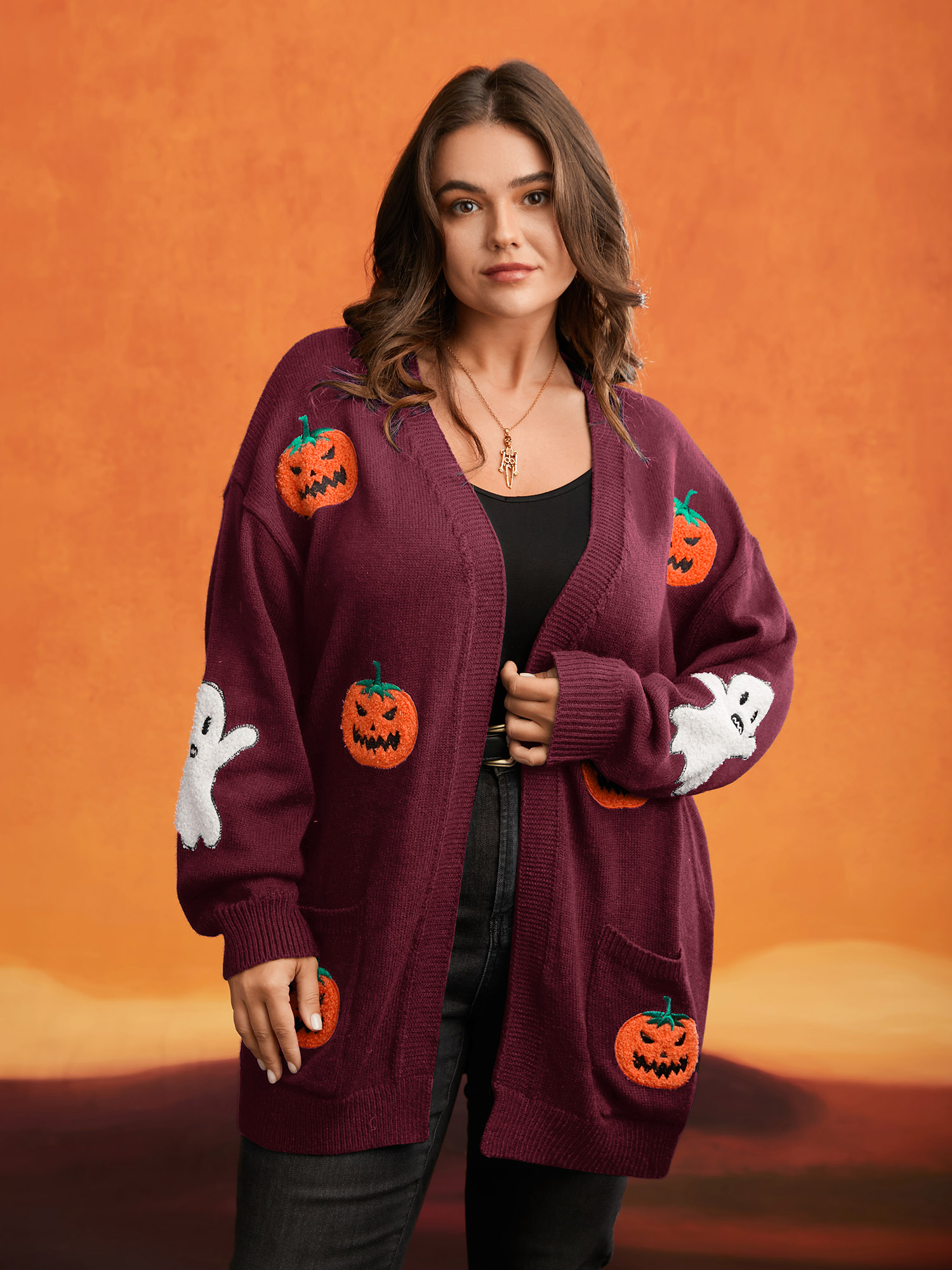 

Plus Size Pumpkin Ghost Embroidery Open Cardigan Burgundy Women Casual Loose Long Sleeve Everyday Cardigans BloomChic