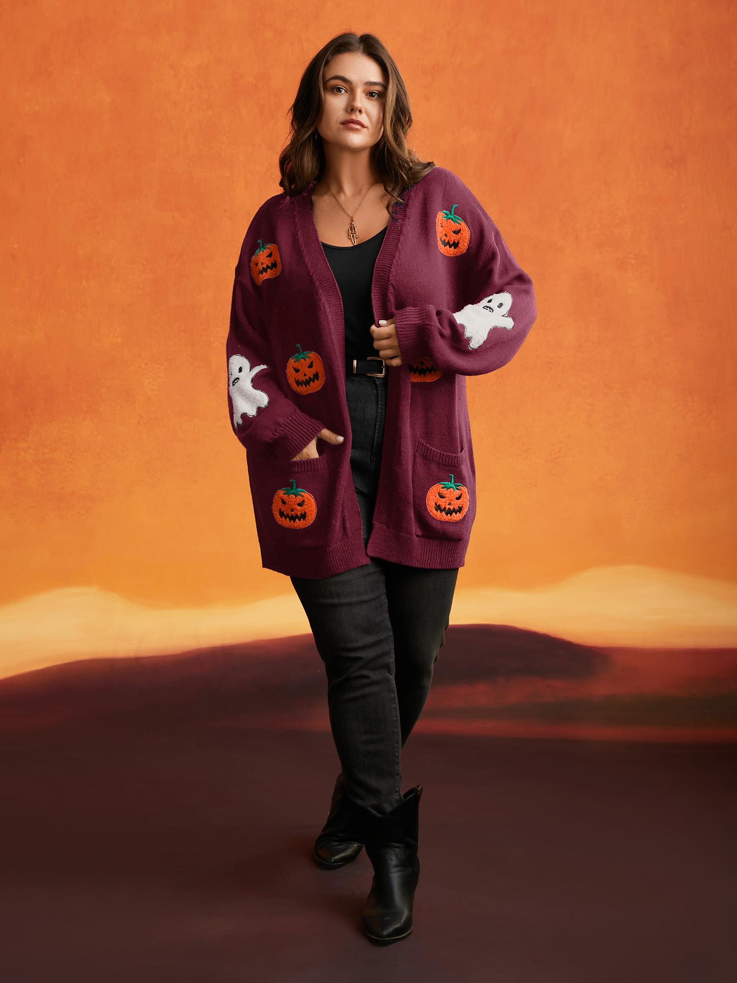Plus Size Pumpkin Ghost Embroidery Open Cardigan Burgundy Women Casual Loose Long Sleeve Everyday Cardigans BloomChic 10/M 