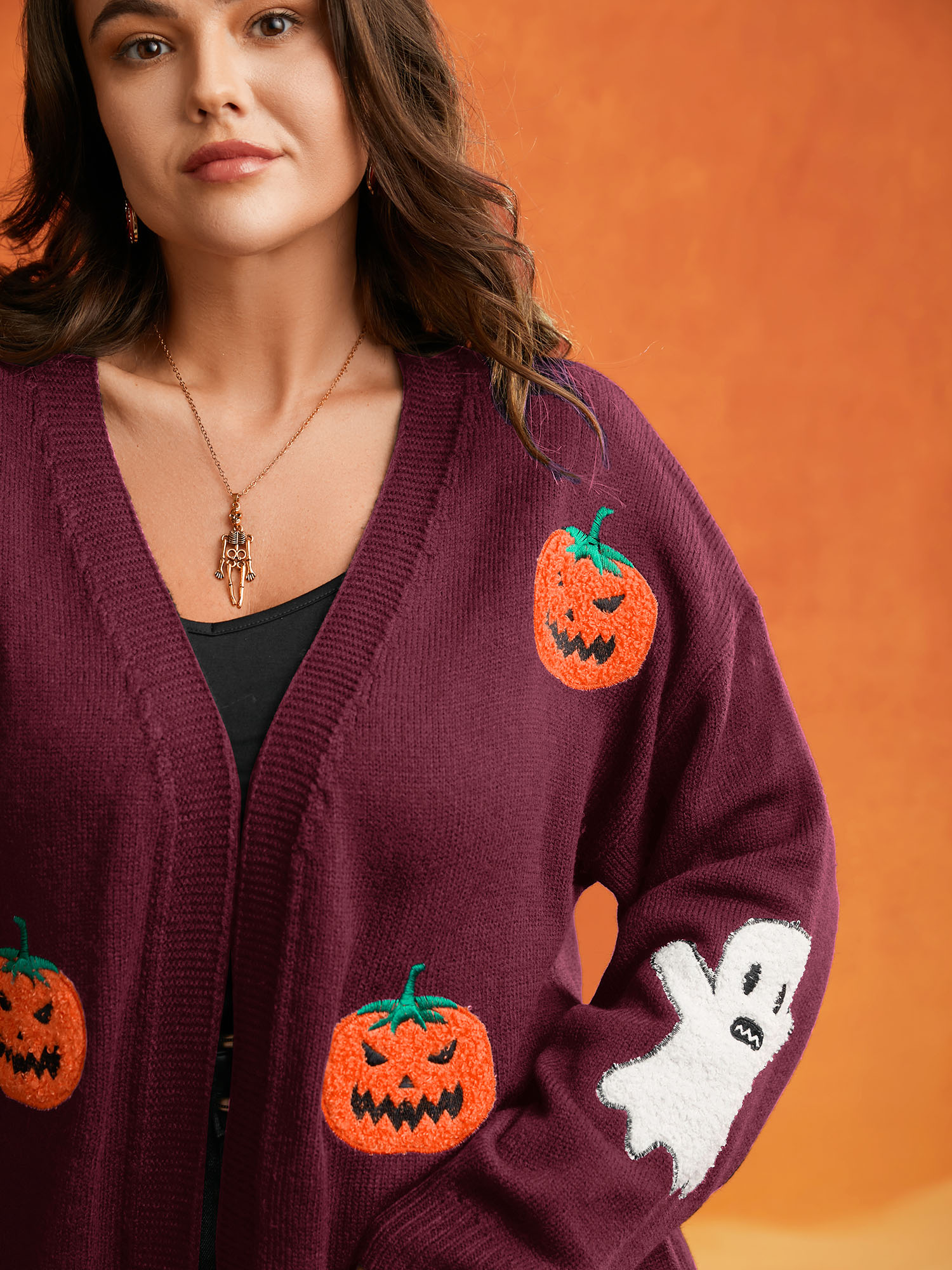 Plus Size Pumpkin Ghost Embroidery Open Cardigan Burgundy Women Casual Loose Long Sleeve Everyday Cardigans BloomChic 10/M 