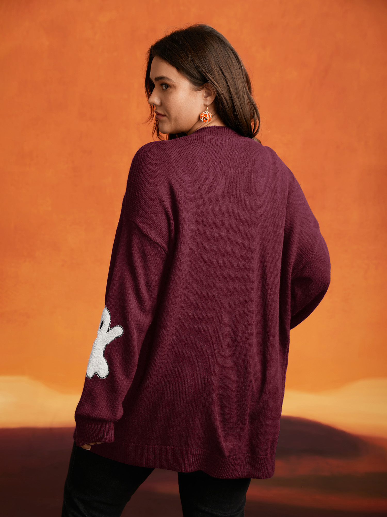 Plus Size Pumpkin Ghost Embroidery Open Cardigan Burgundy Women Casual Loose Long Sleeve Everyday Cardigans BloomChic 10/M 