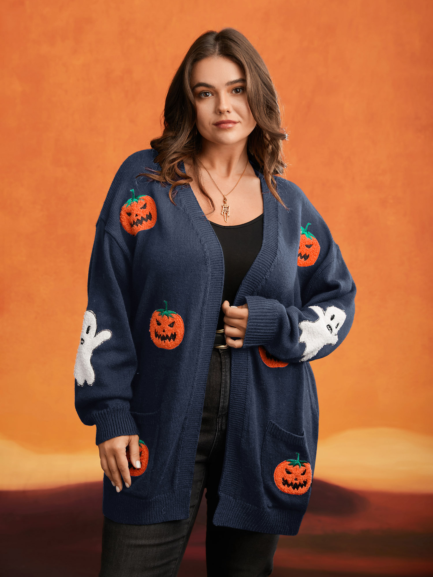 

Plus Size Pumpkin Ghost Embroidery Open Cardigan Indigo Women Casual Loose Long Sleeve Everyday Cardigans BloomChic