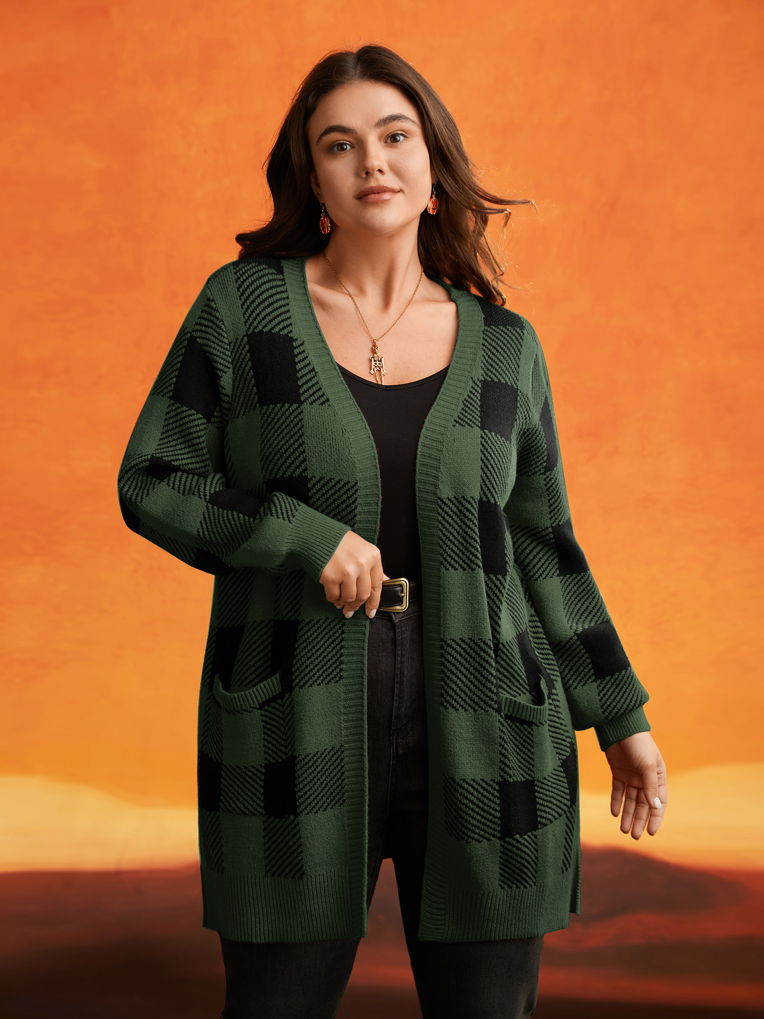 

Plus Size Supersoft Essentials Halloween Plaid Open Cardigan ArmyGreen Women Casual Loose Long Sleeve Everyday Cardigans BloomChic