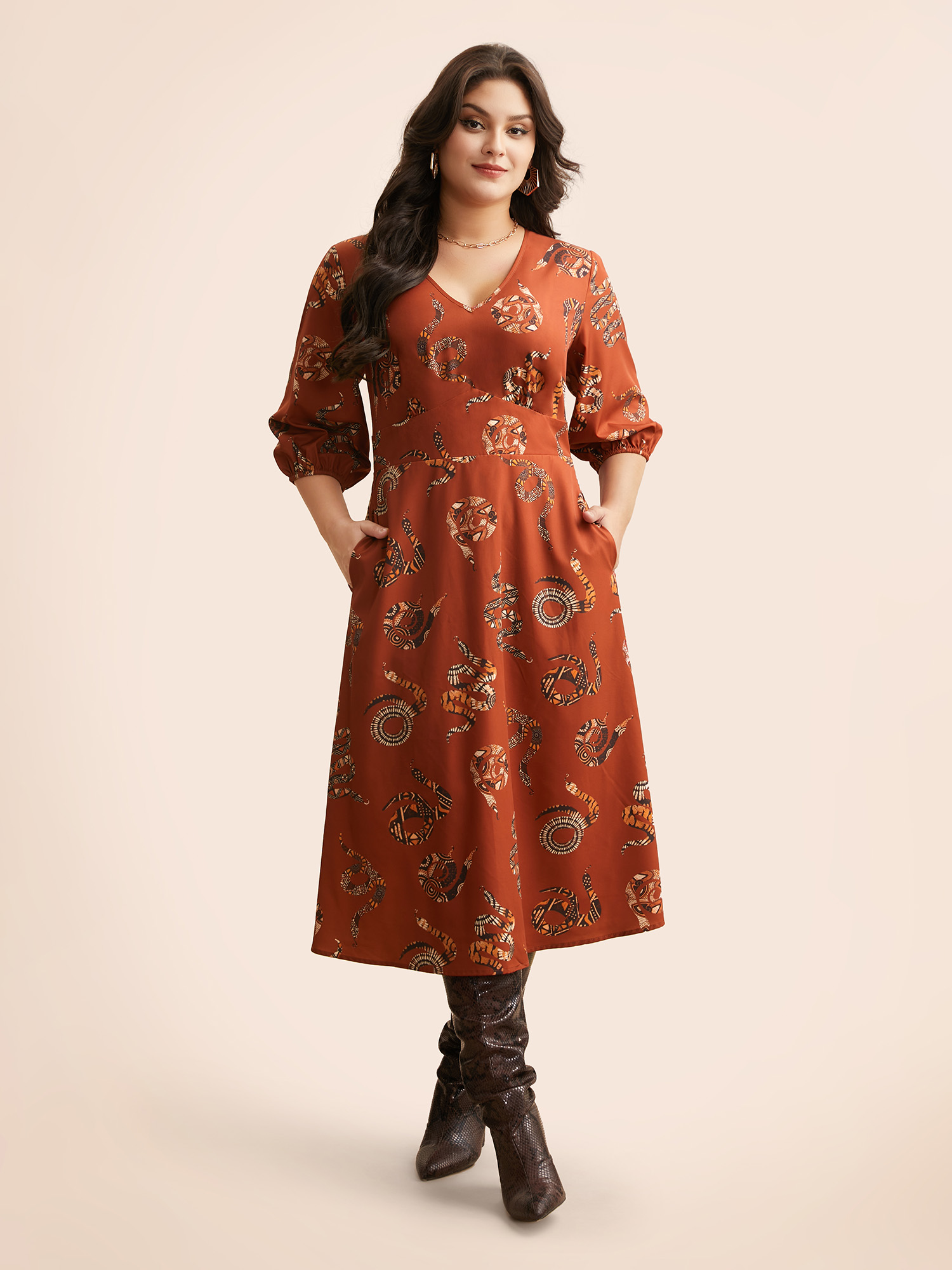 

Plus Size Snake Print Lantern Sleeve Midi Dress Burgundy Women Elegant Shirred V-neck Elbow-length sleeve Curvy BloomChic