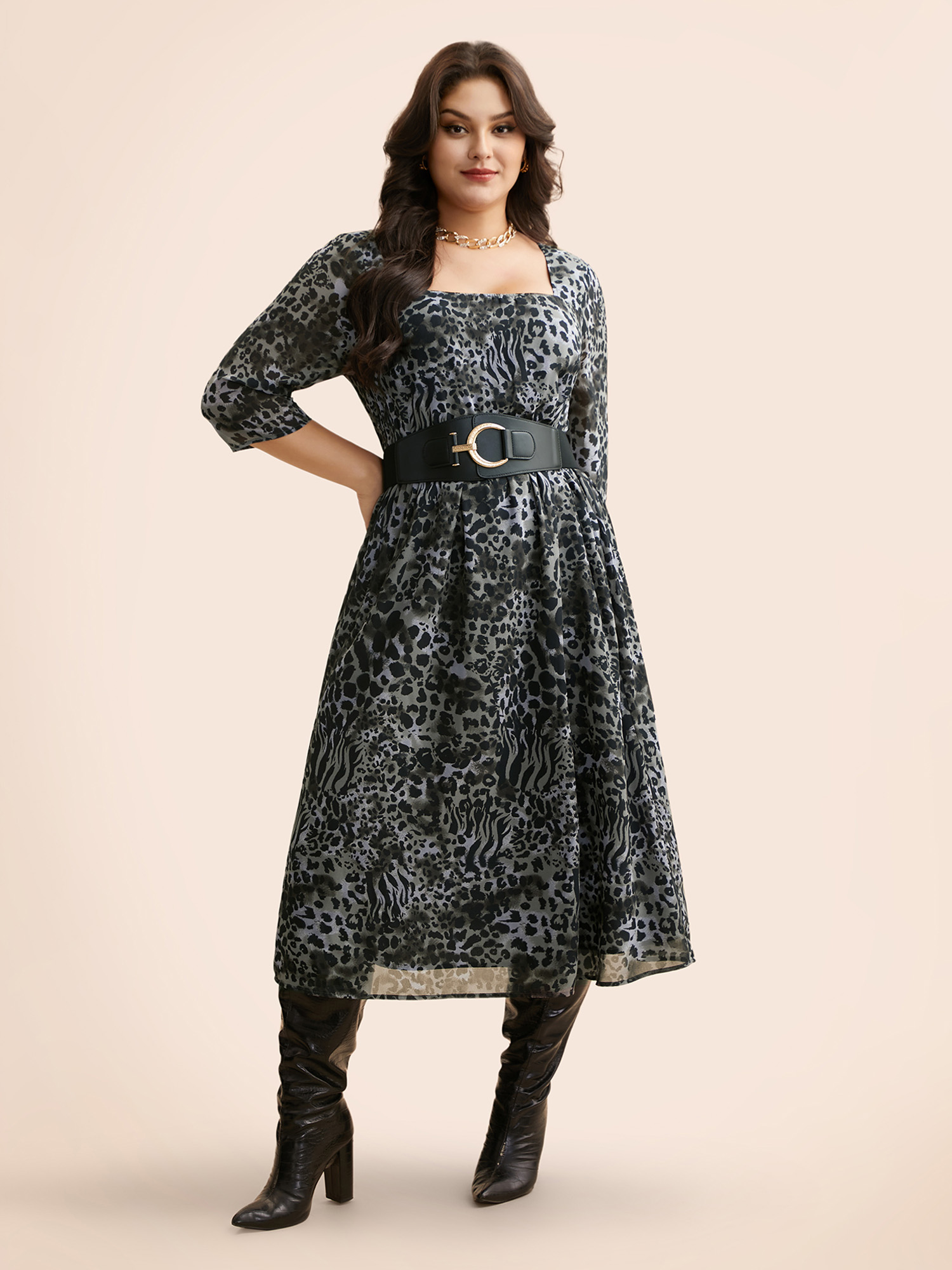 

Plus Size Leopard Print Square Neck Chiffon Dress DarkGray Women Elegant See through Square Neck Elbow-length sleeve Curvy BloomChic