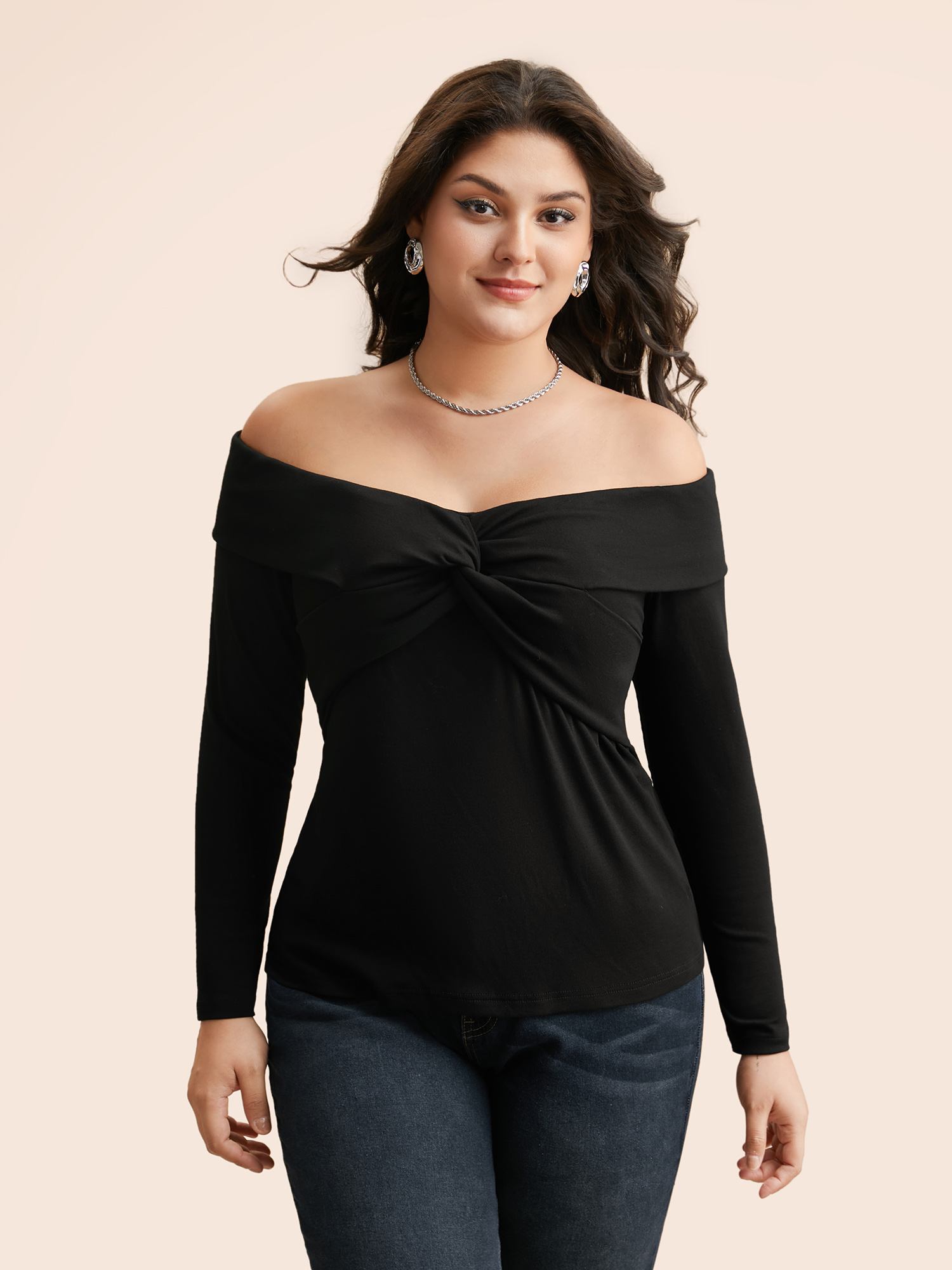 

Plus Size Off Shoulder Twist Front Knit Top Black Long Sleeve One-shoulder neck Elegant Knit Tops  Bloomchic