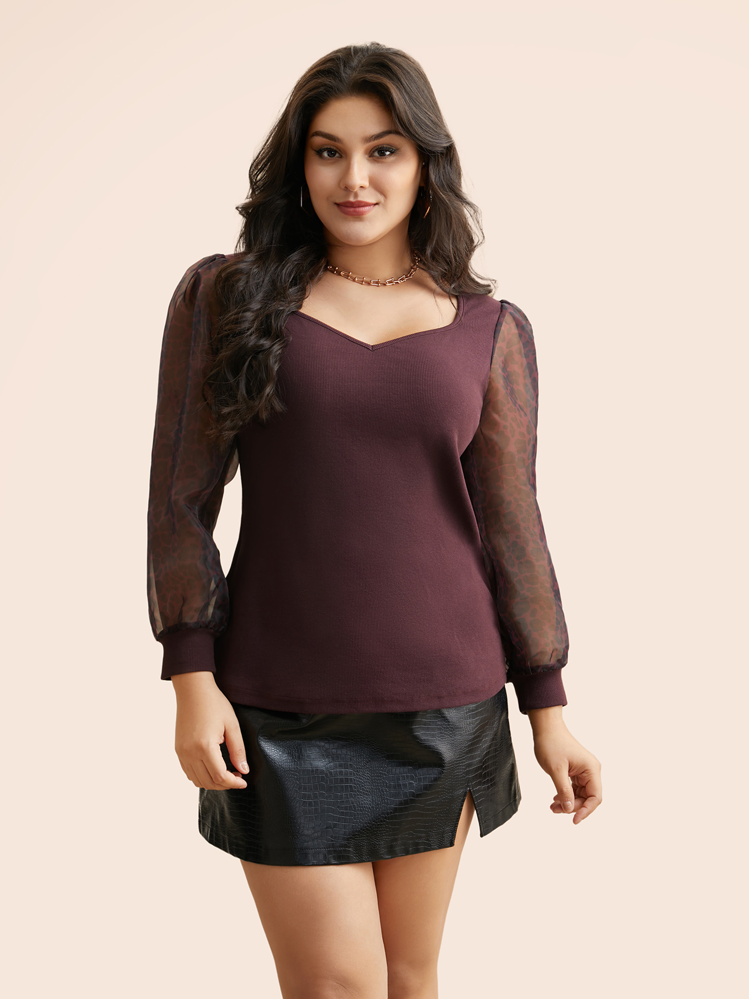 

Plus Size Heart Neckline Mesh Patchwork T-shirt Plum Women Elegant Texture Heart neckline Bodycon Everyday T-shirts BloomChic