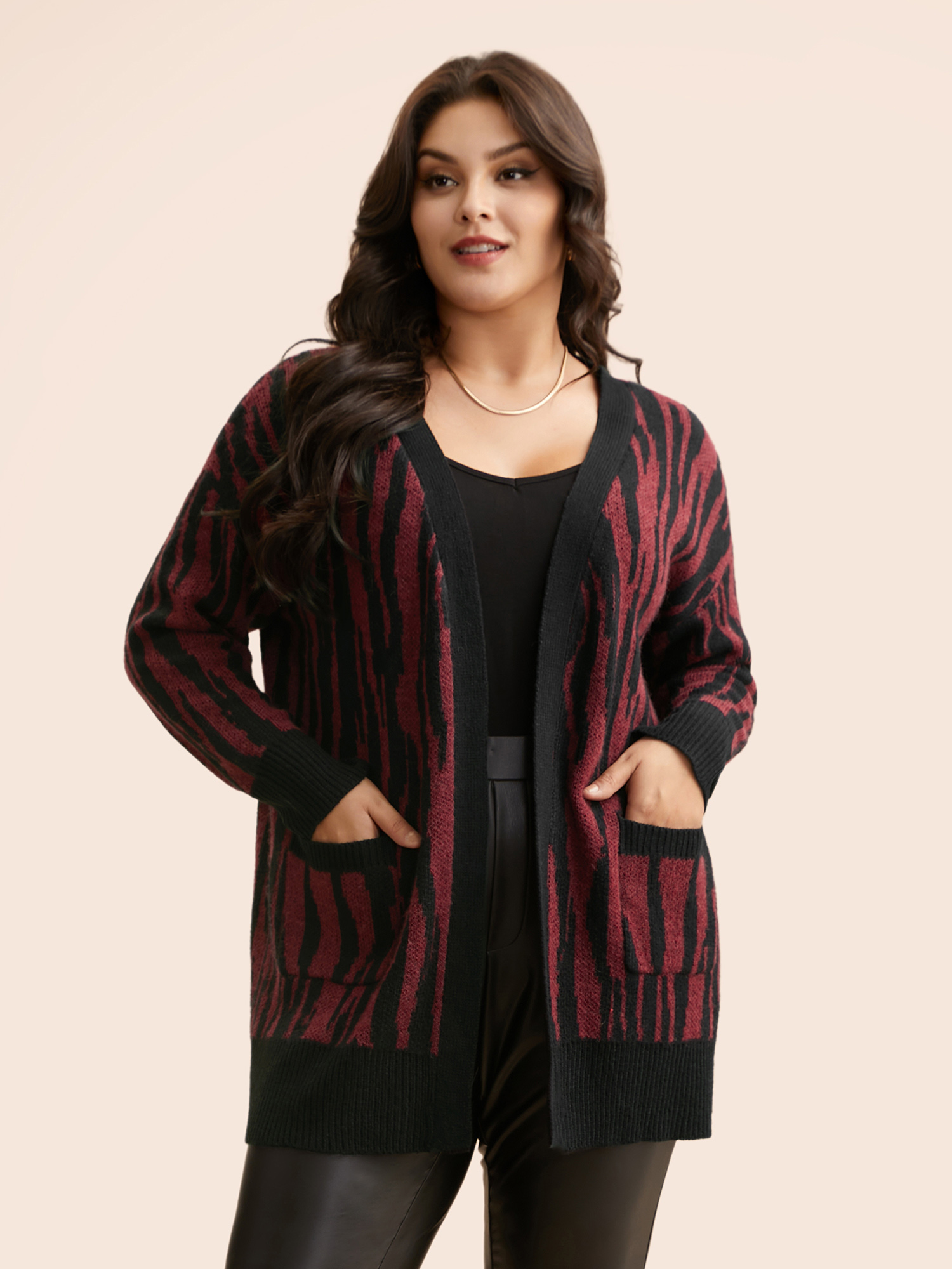 

Plus Size Zebra Print Patched Pocket Cardigan Deepred Women Casual Loose Long Sleeve Everyday Cardigans BloomChic