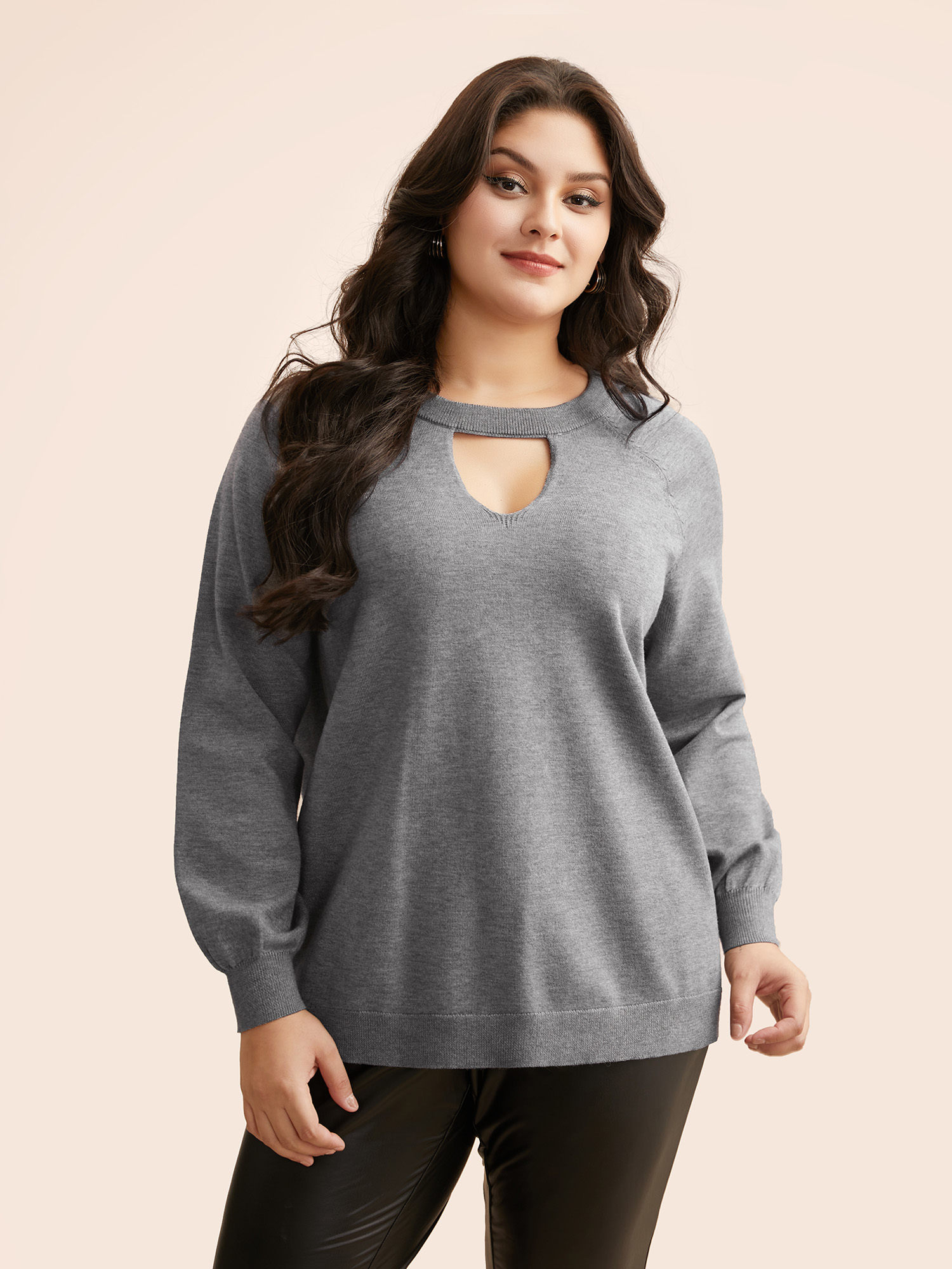 

Plus Size Plain Keyhole Puff Sleeve Pullover DarkGray Women Casual Long Sleeve Round Neck Everyday Pullovers BloomChic