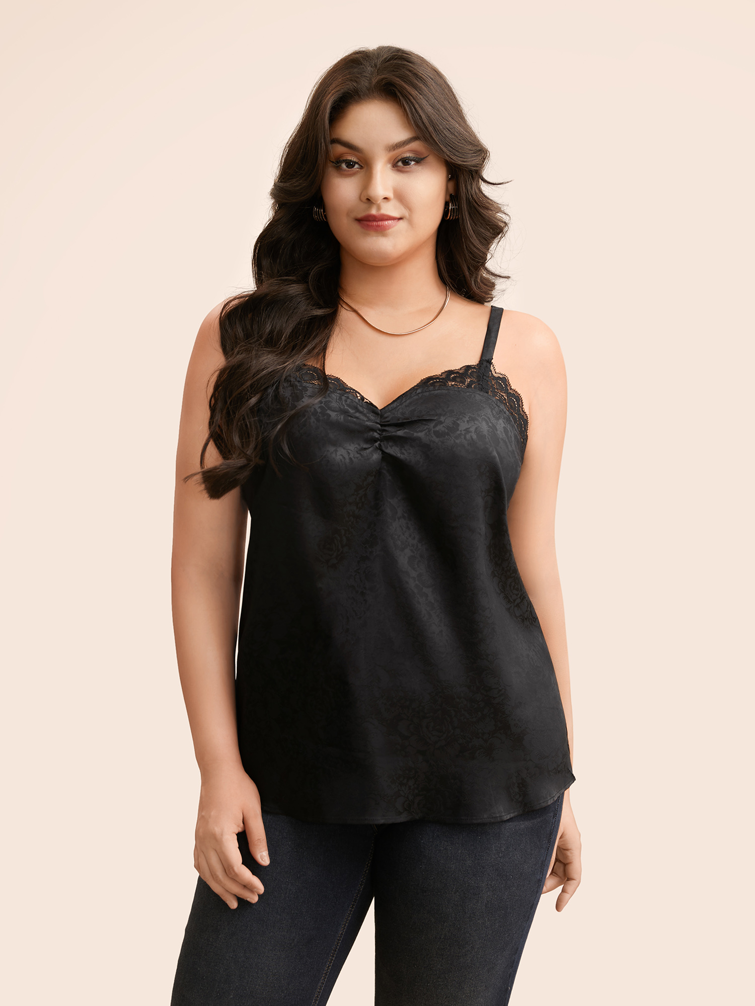 

Plus Size Crochet Lace Gathered Cami Top Women Black Elegant Gathered V-neck Everyday Tank Tops Camis BloomChic