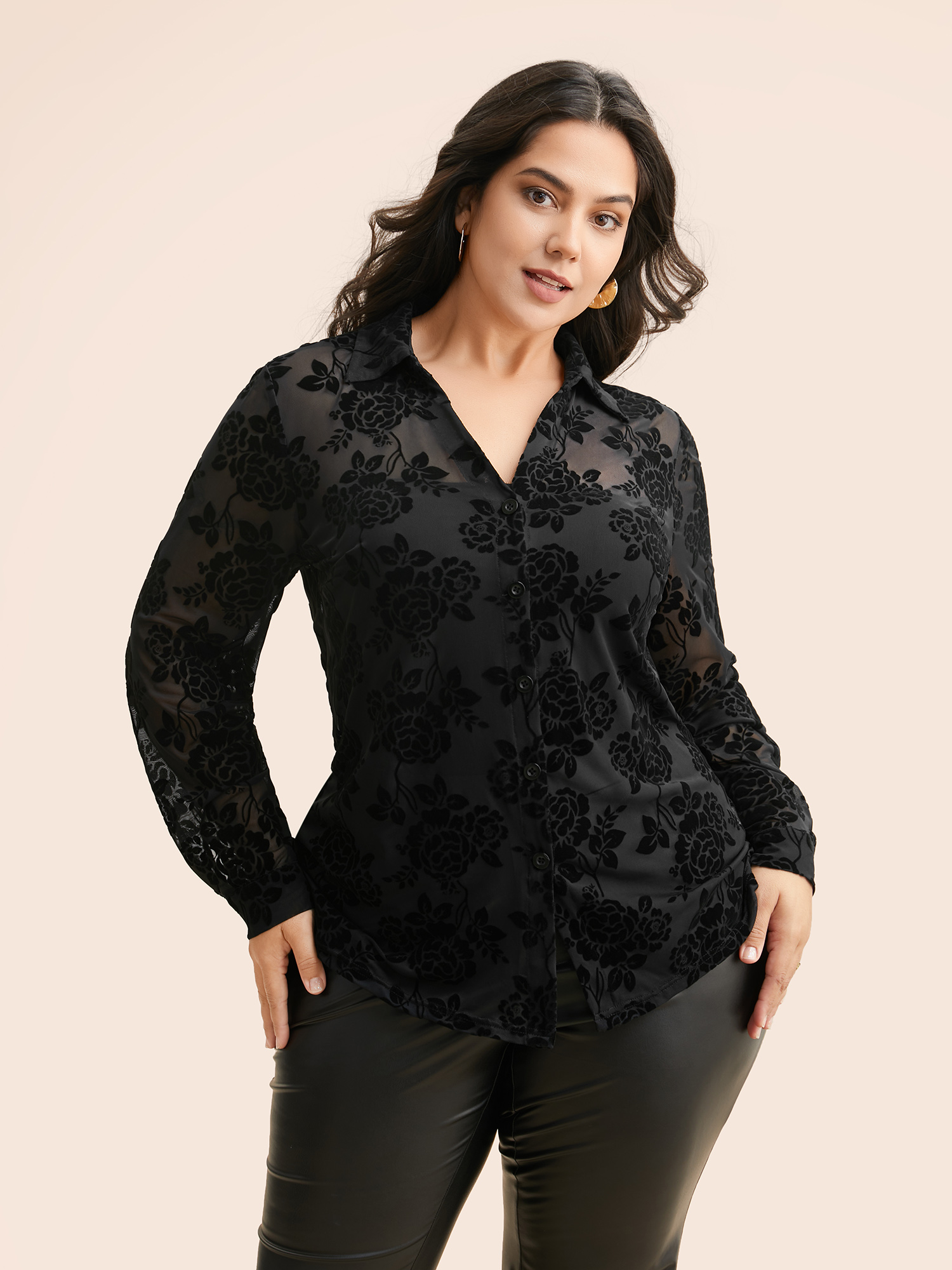 

Plus Size Black Shirt Collar Floral Flocking Mesh Blouse Women Elegant Long Sleeve Shirt collar Everyday Blouses BloomChic