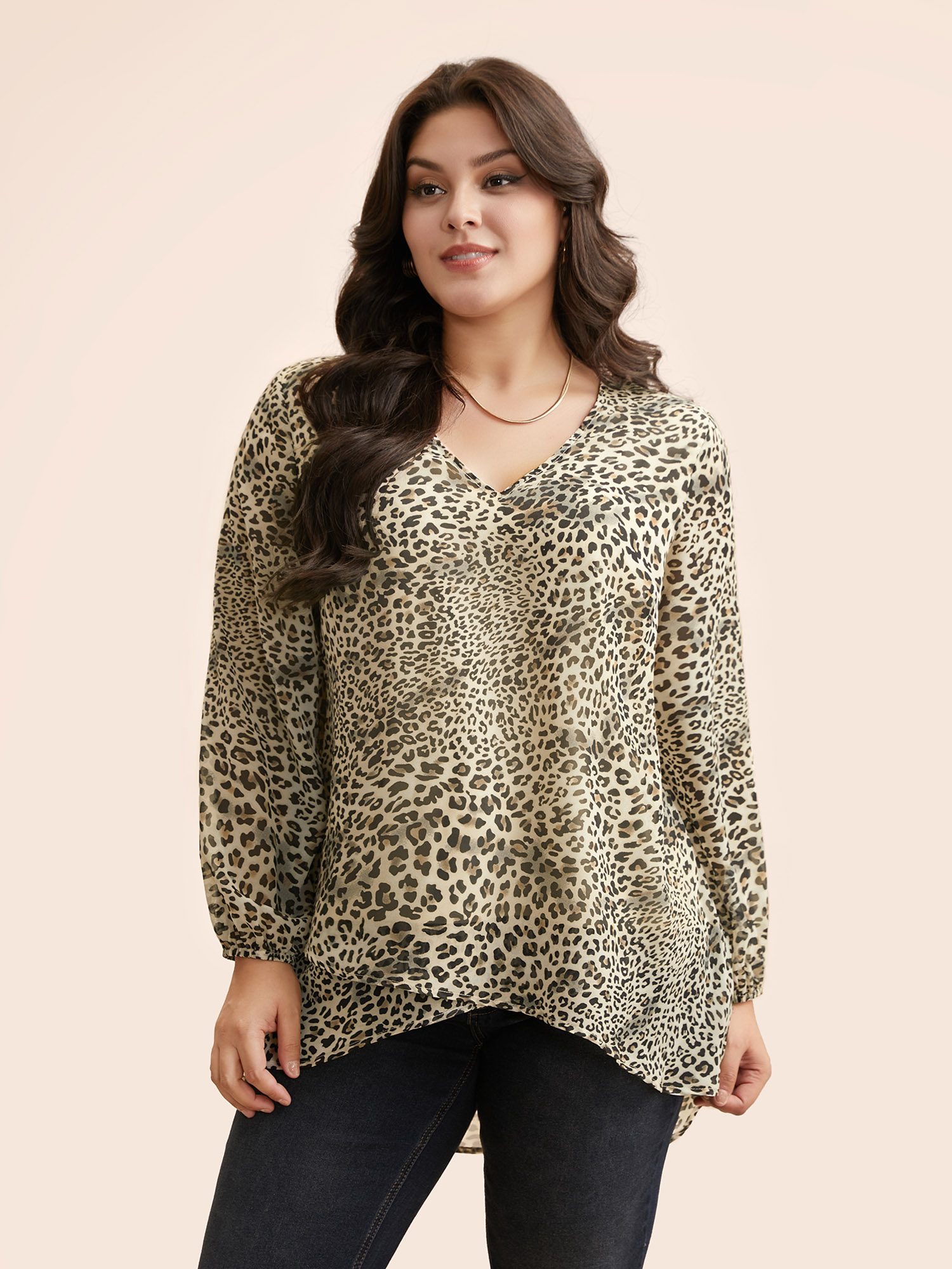 

Plus Size Tan Leopard Print Asymmetrical Hem Lantern Sleeve Blouse Women Elegant Long Sleeve V-neck Everyday Blouses BloomChic