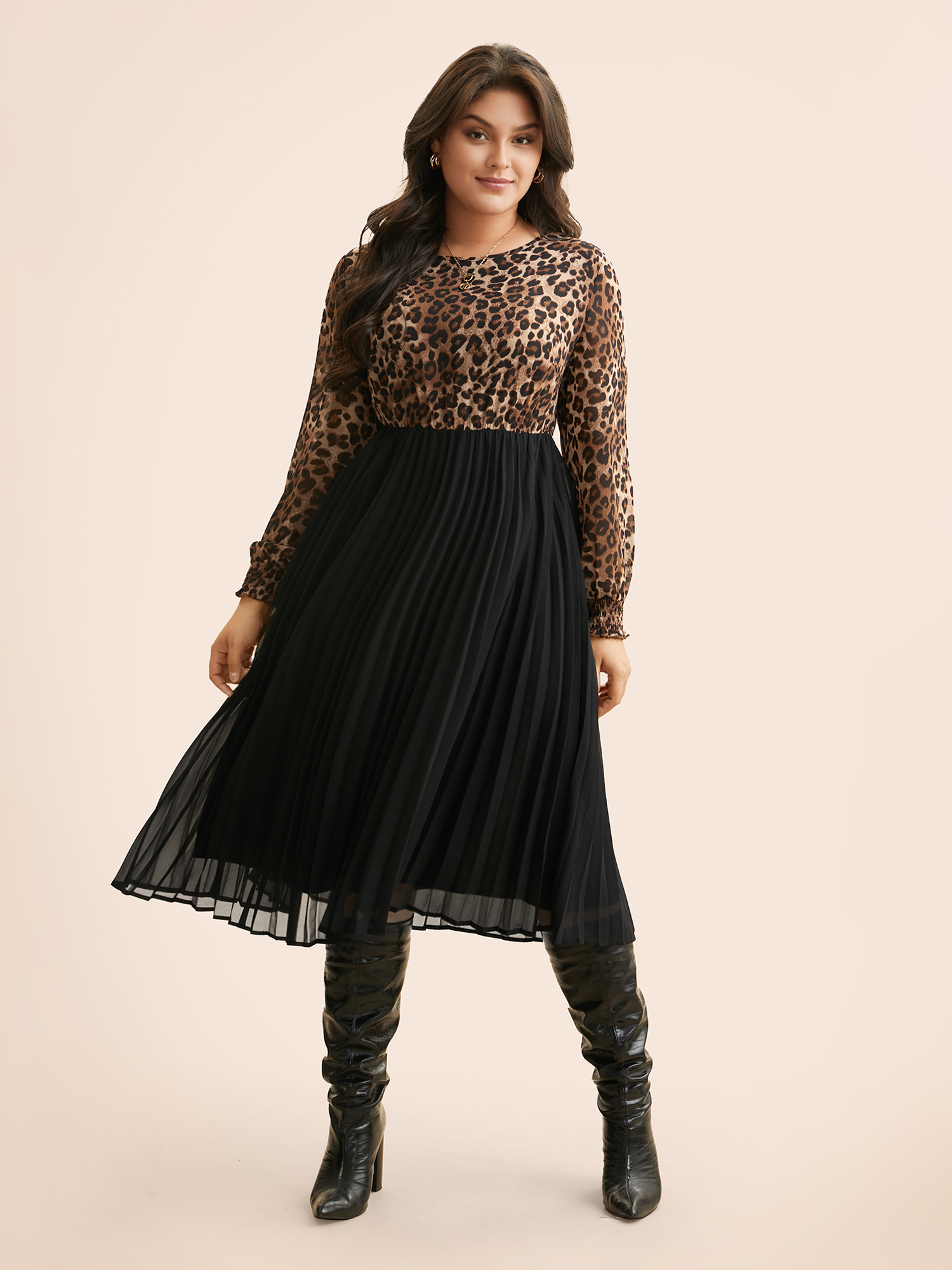 

Plus Size Leopard Print Patchwork Mesh Pleated Dress Leopard Women Elegant Pleated Round Neck Long Sleeve Curvy BloomChic