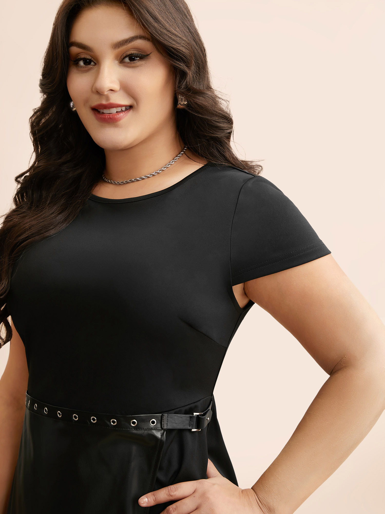 

Plus Size PU Leather Patchwork Cap Sleeve Dress Black Women Elegant Overlapping Round Neck Cap Sleeve Curvy BloomChic