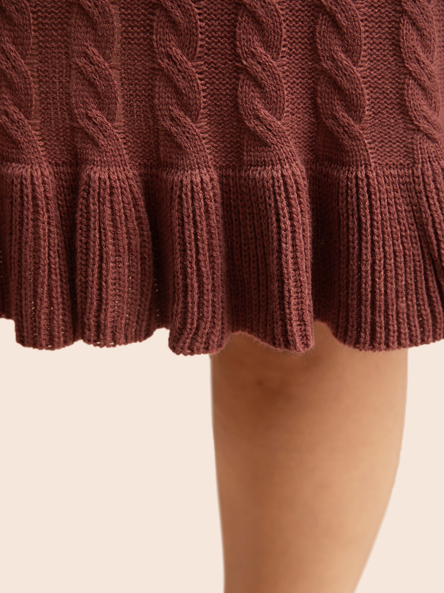 Plus Size Round Neck Cable Knit Ruffle Trim Sweater Dress DustyPink Women Resort Bodycon Long Sleeve Vacation Sweater Dresses BloomChic 30/6X 
