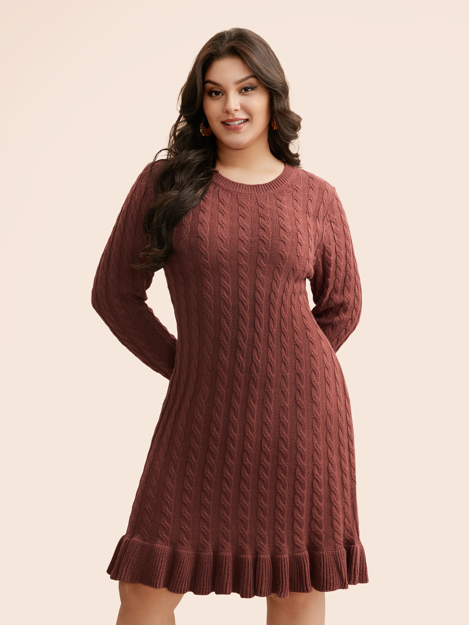 Plus Size Round Neck Cable Knit Ruffle Trim Sweater Dress DustyPink Women Resort Bodycon Long Sleeve Vacation Sweater Dresses BloomChic 30/6X 