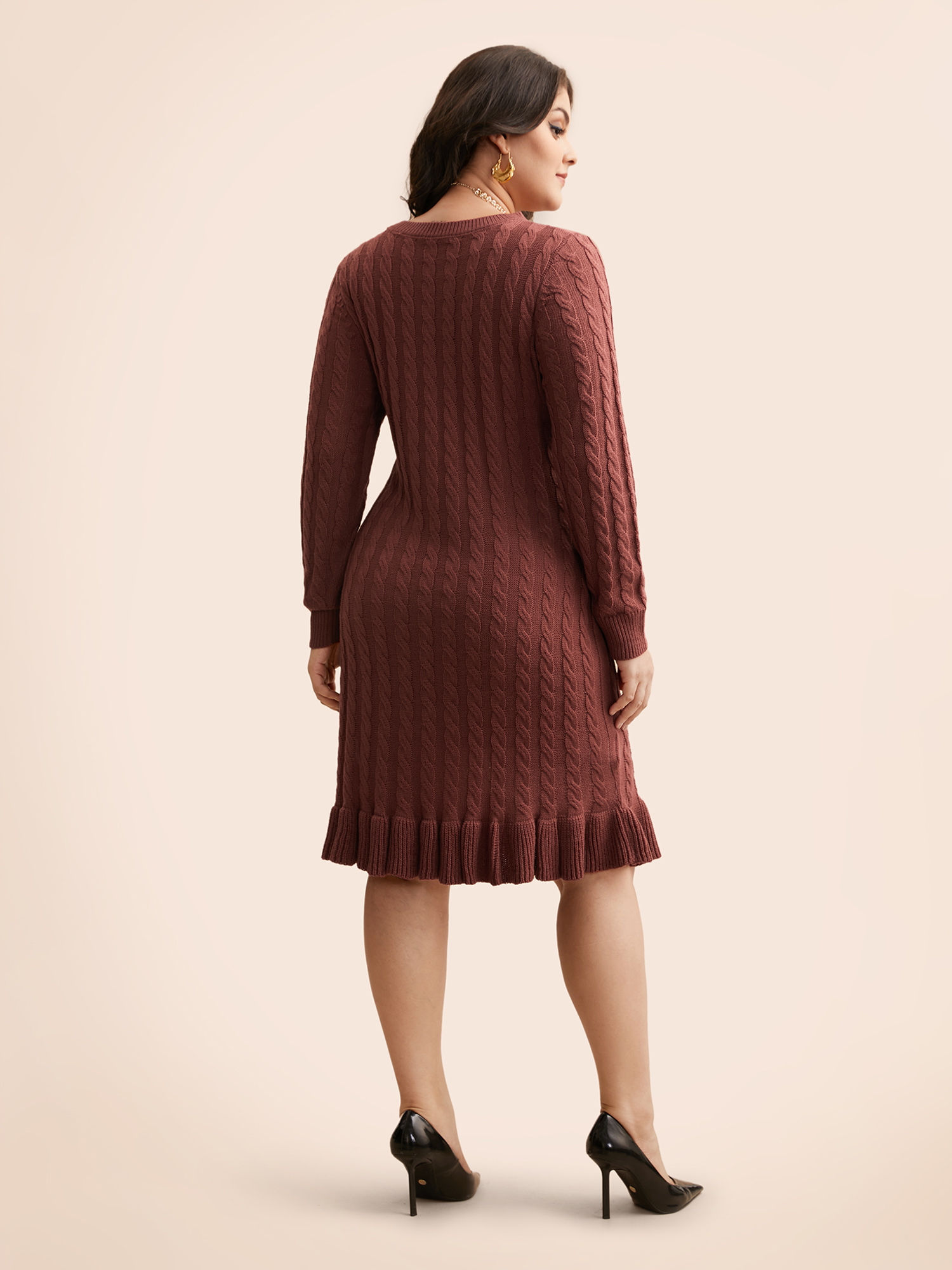 Plus Size Round Neck Cable Knit Ruffle Trim Sweater Dress DustyPink Women Resort Bodycon Long Sleeve Vacation Sweater Dresses BloomChic 30/6X 