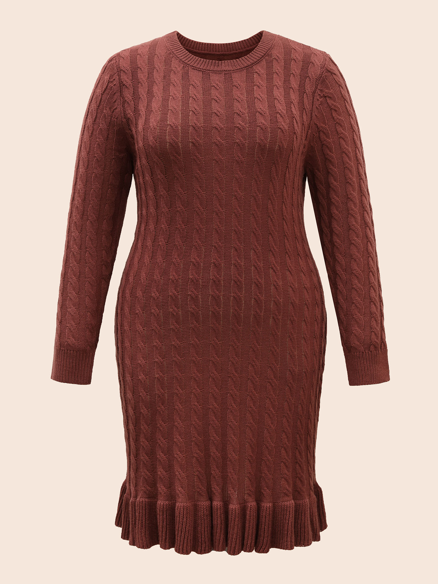 Plus Size Round Neck Cable Knit Ruffle Trim Sweater Dress DustyPink Women Resort Bodycon Long Sleeve Vacation Sweater Dresses BloomChic 30/6X 